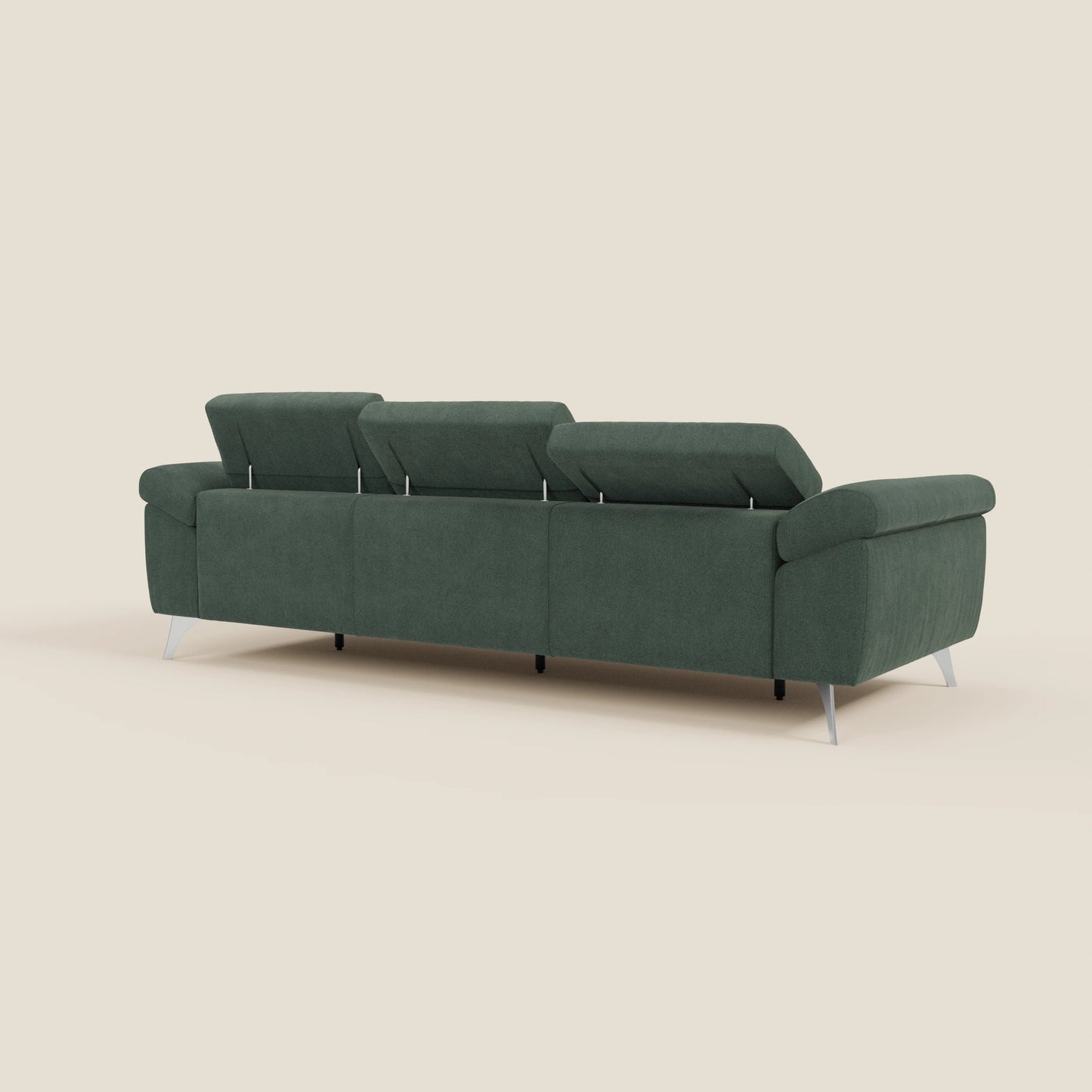 Donatello divano con 3 sedute allungabili braccioli contenitore e poggiatesta reclinabili in tessuto smacchiabile T23 verde