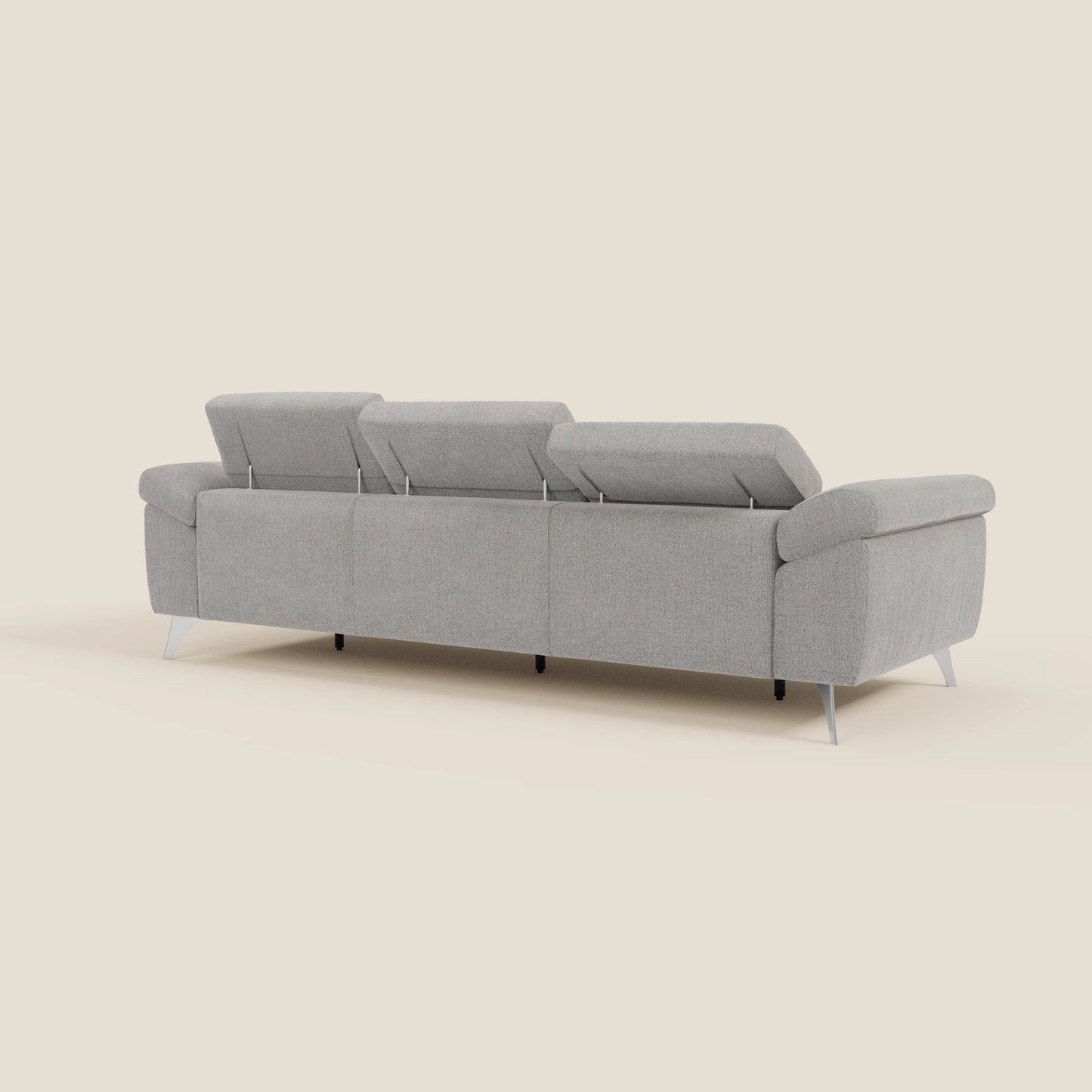 Donatello divano con 3 sedute allungabili braccioli contenitore e poggiatesta reclinabili in tessuto smacchiabile T23 grigio