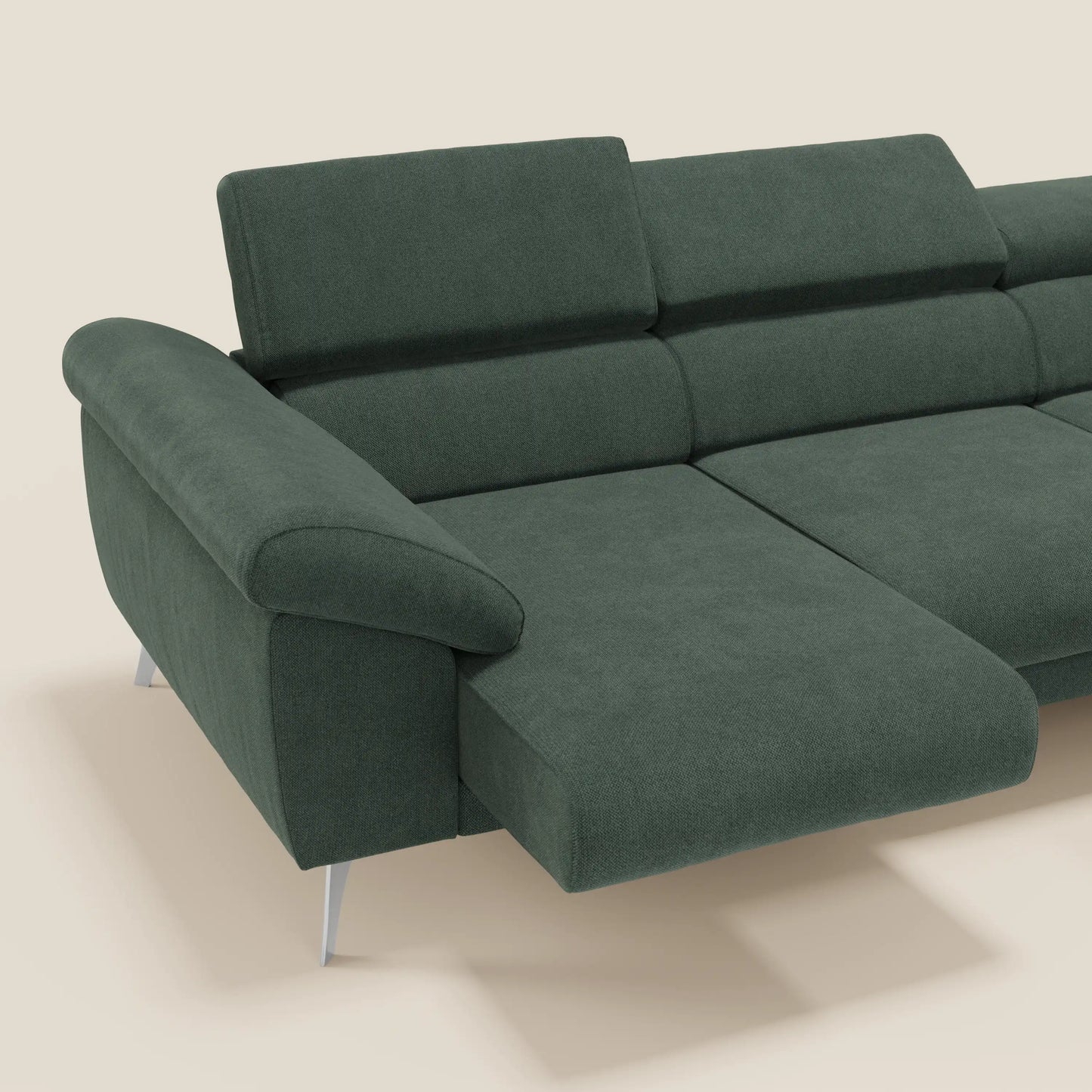 Donatello Divano angolare con sedute scorrevoli braccioli contenitore e poggiatesta in tessuto morbido smacchiabile T23 verde