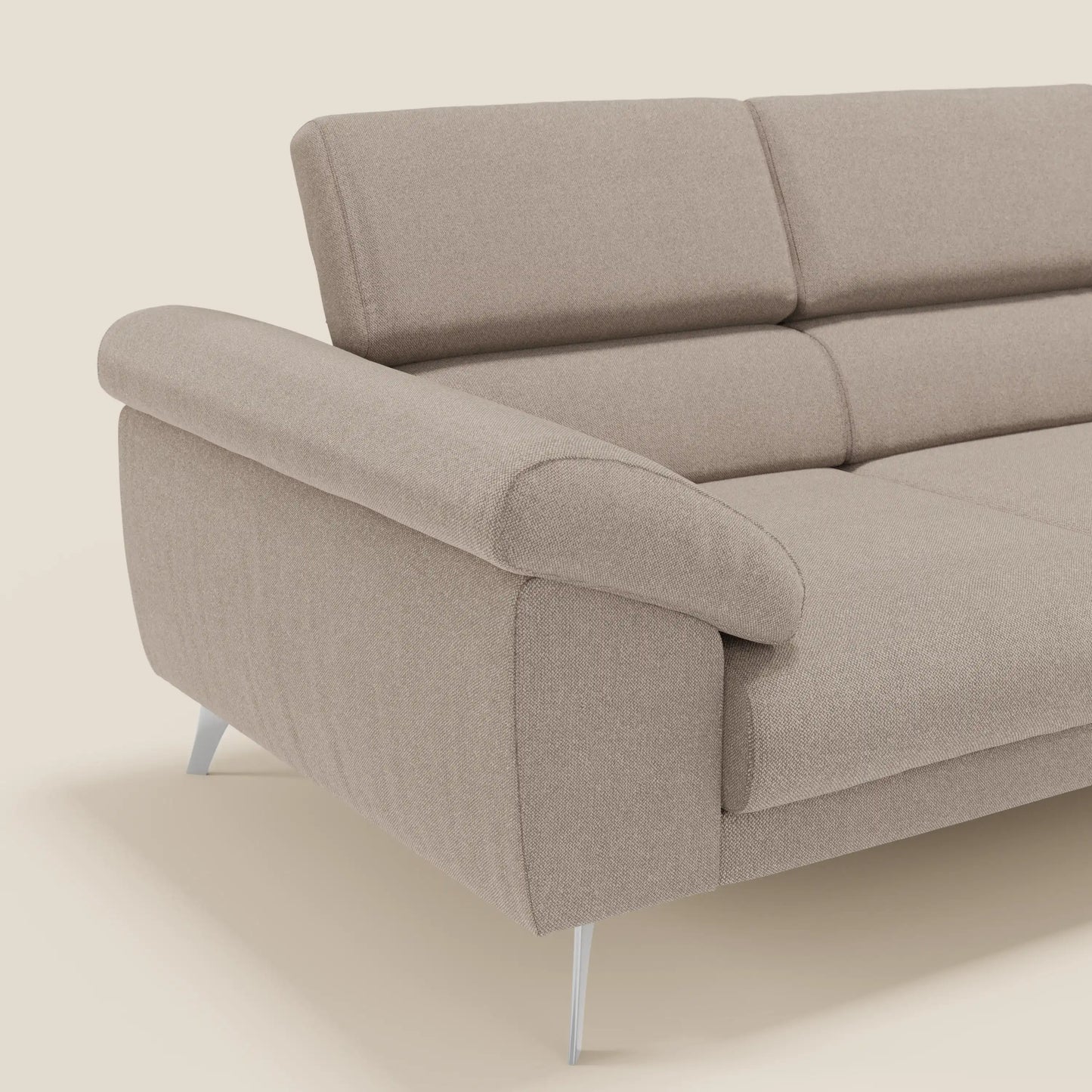 Donatello divano con 3 sedute allungabili braccioli contenitore e poggiatesta reclinabili in tessuto smacchiabile T23 tortora