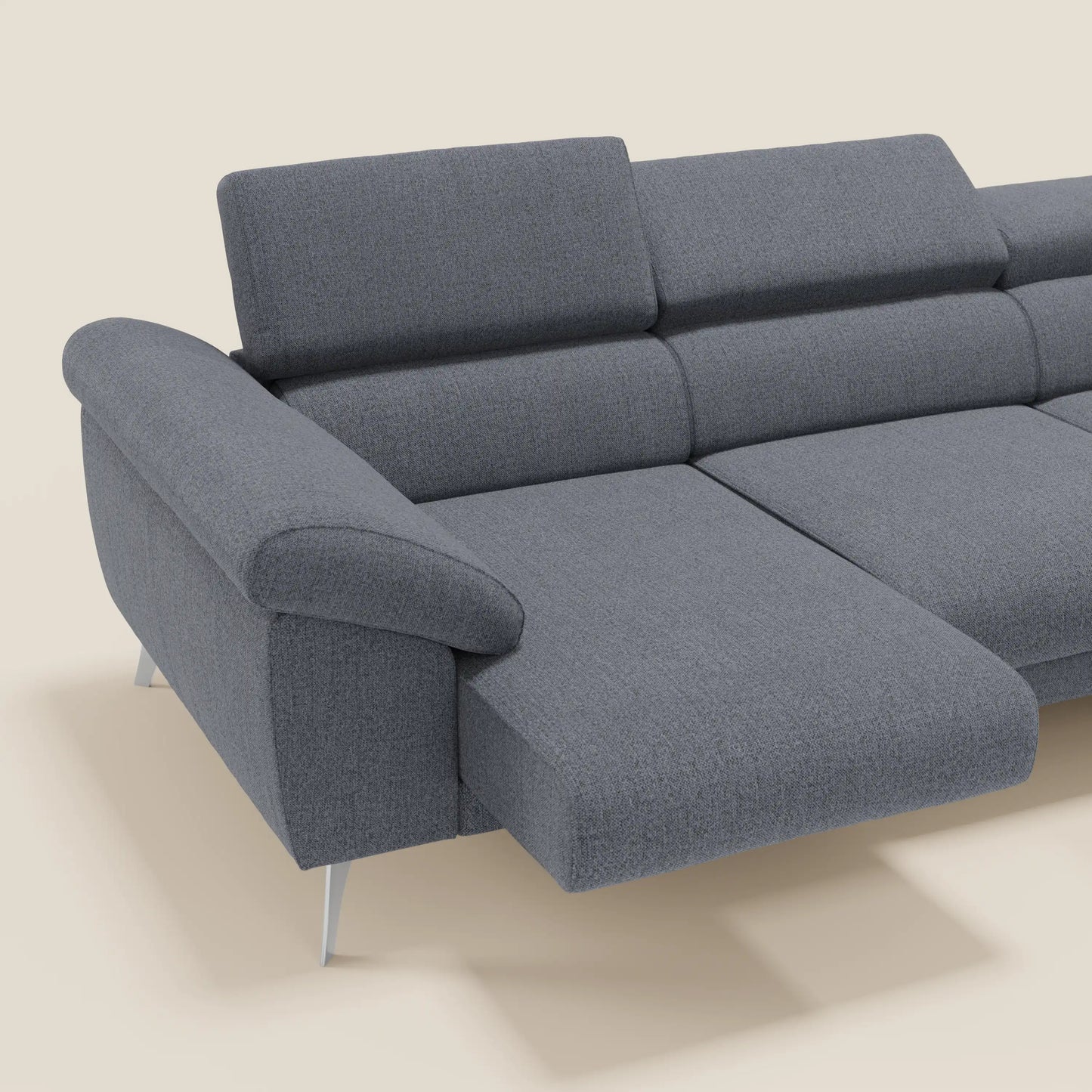 Donatello Divano angolare con sedute scorrevoli braccioli contenitore e poggiatesta in tessuto morbido smacchiabile T23 blu grafite