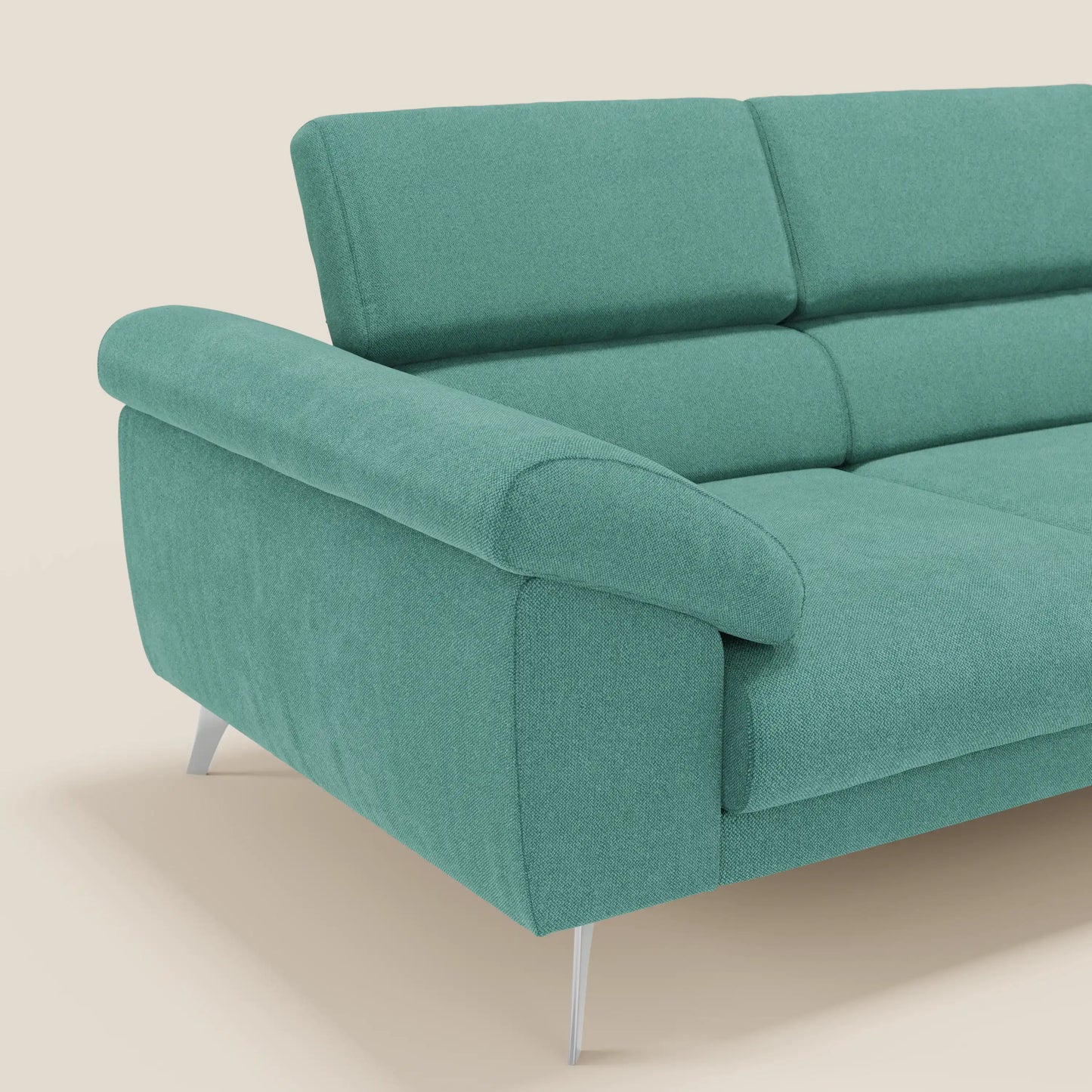 Donatello divano con 3 sedute allungabili braccioli contenitore e poggiatesta reclinabili in tessuto smacchiabile T23 verde acqua