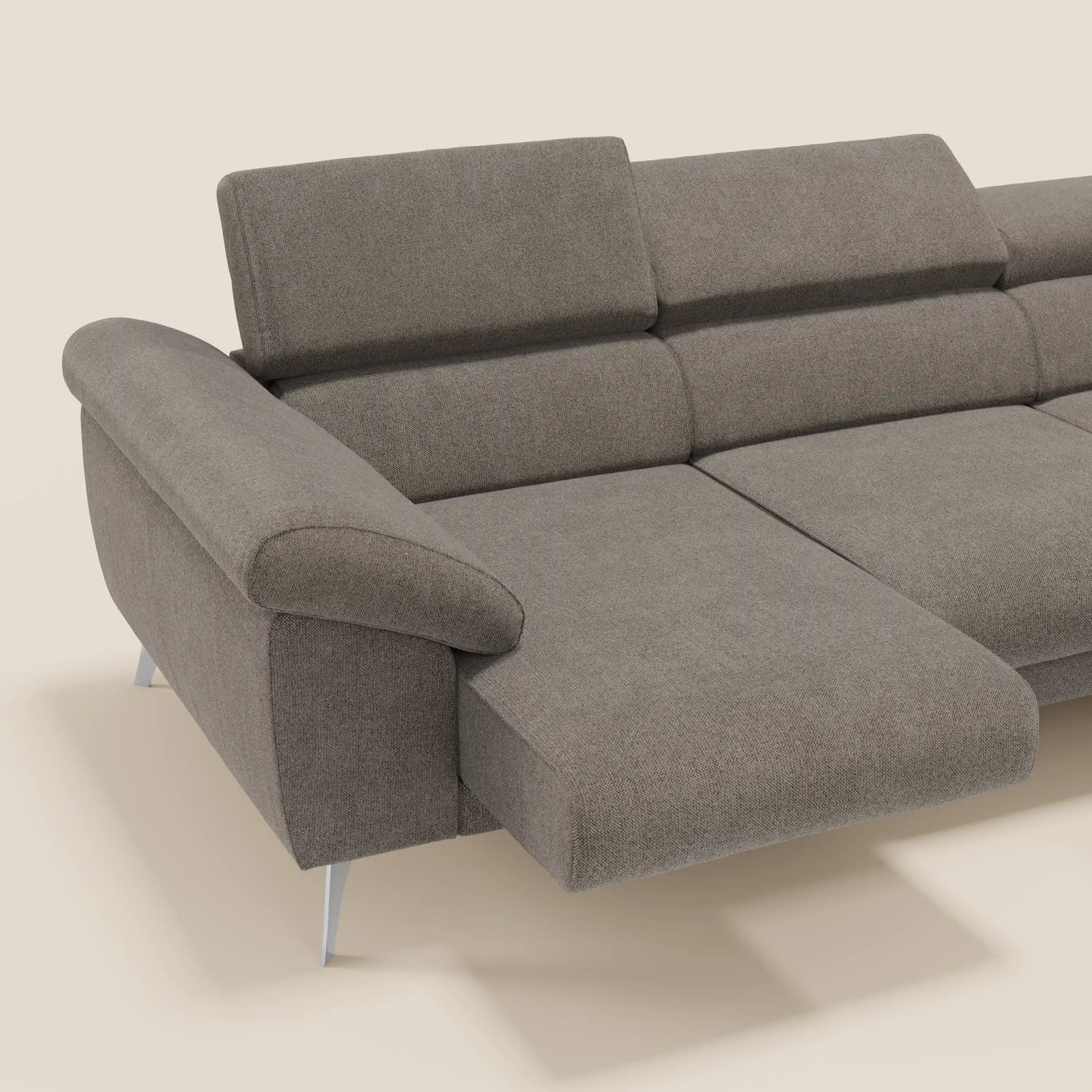 Donatello Divano angolare con sedute scorrevoli braccioli contenitore e poggiatesta in tessuto morbido smacchiabile T23 talpa
