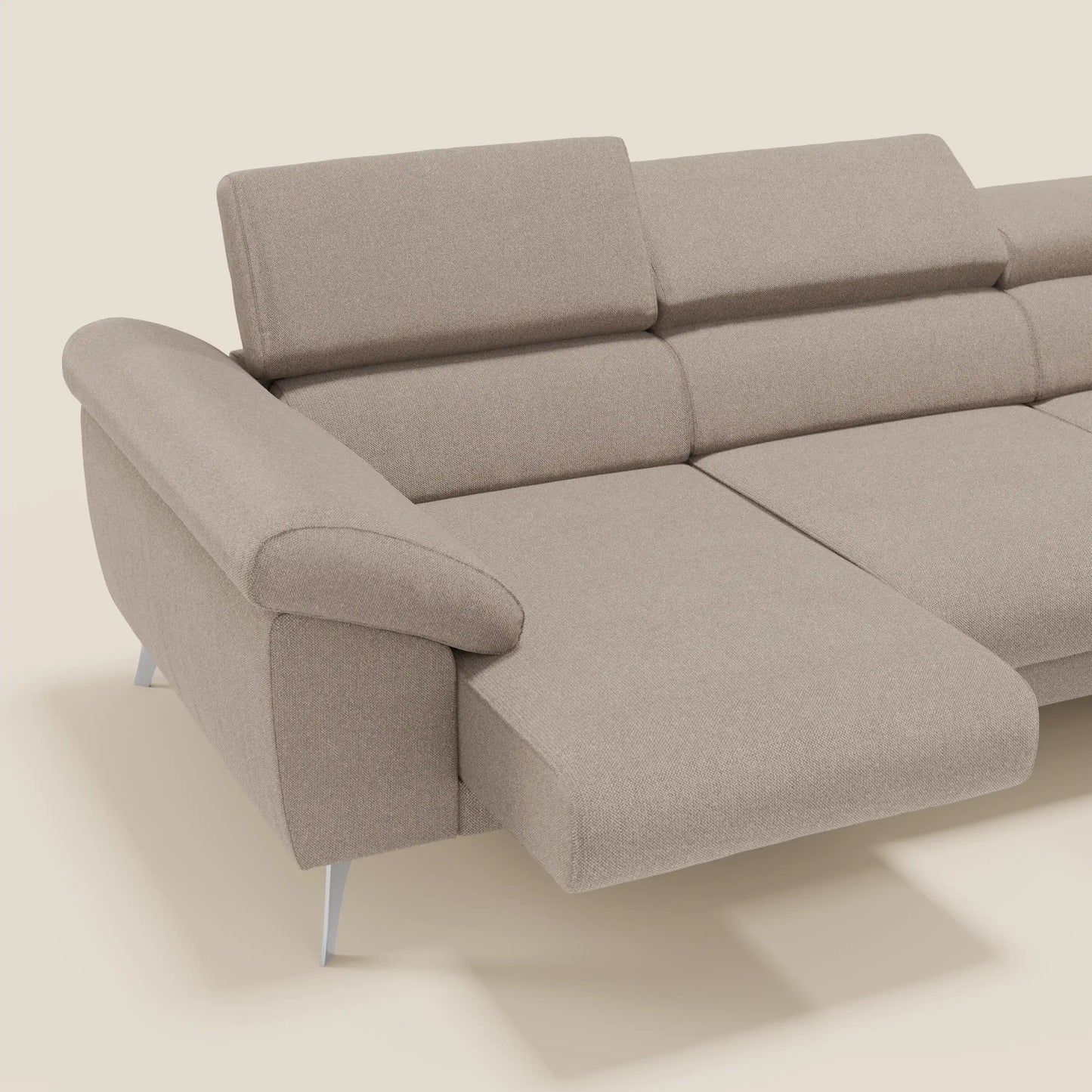 Donatello Divano angolare con sedute scorrevoli braccioli contenitore e poggiatesta in tessuto morbido smacchiabile T23 tortora