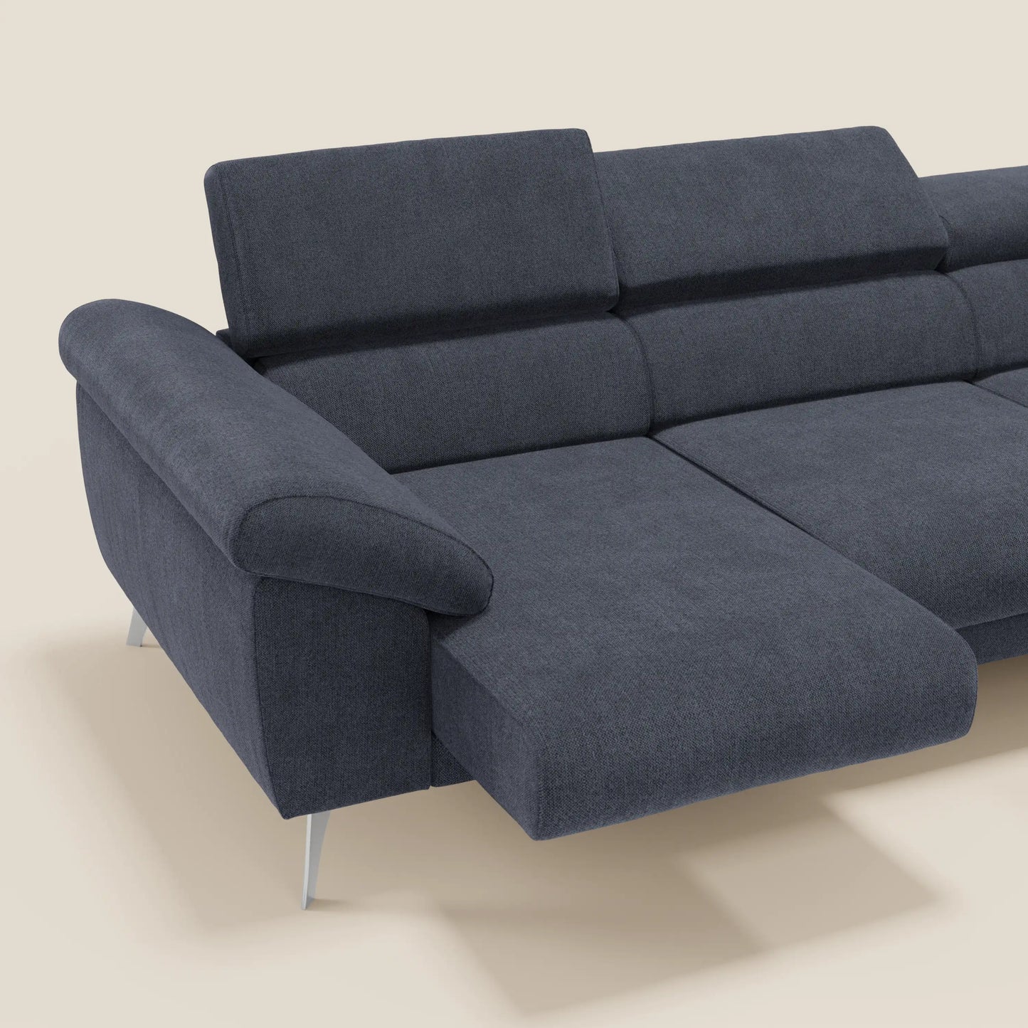 Donatello Divano angolare con sedute scorrevoli braccioli contenitore e poggiatesta in tessuto morbido smacchiabile T23 blu ardesia