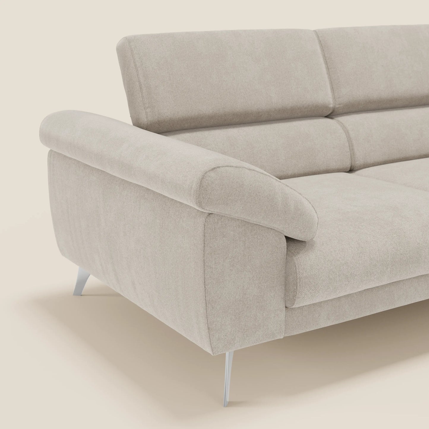 Donatello divano con sedute allungabili braccioli contenitore e poggiatesta reclinabili in tessuto smacchiabile T23 panna