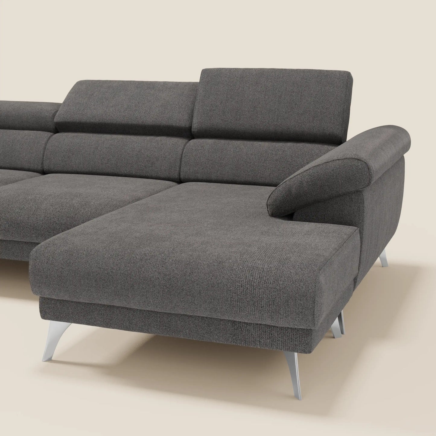 Donatello Divano angolare con sedute scorrevoli braccioli contenitore e poggiatesta in tessuto morbido smacchiabile T23 antracite