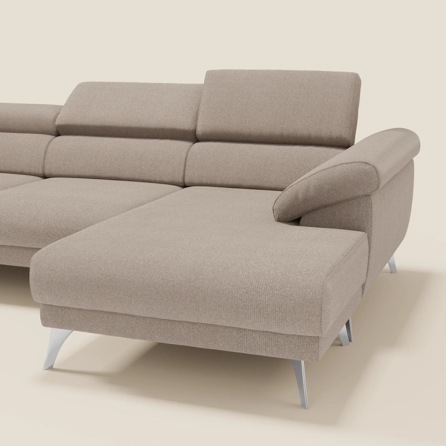 Donatello Divano angolare con sedute scorrevoli braccioli contenitore e poggiatesta in tessuto morbido smacchiabile T23 tortora