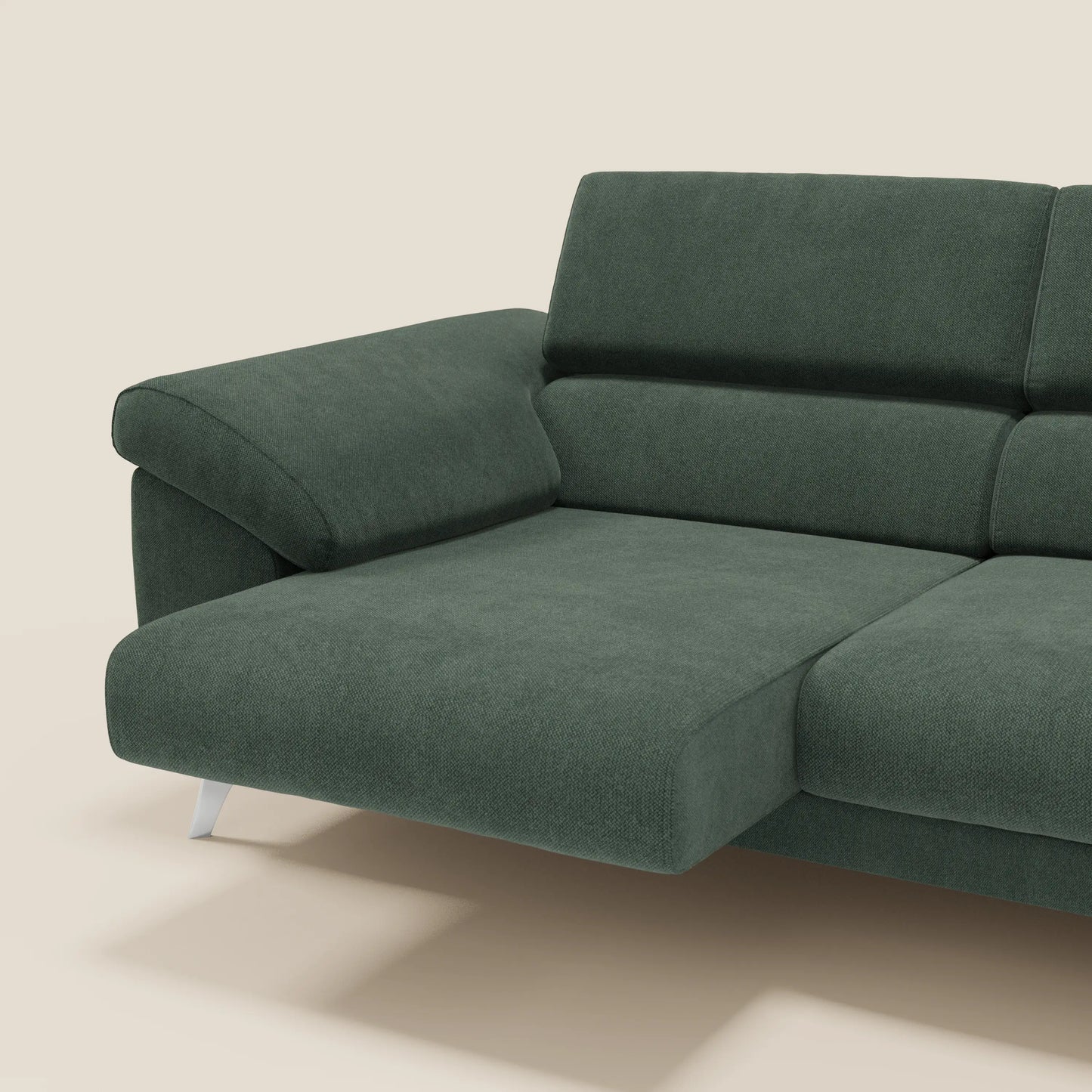 Donatello divano con sedute allungabili braccioli contenitore e poggiatesta reclinabili in tessuto smacchiabile T23 verde