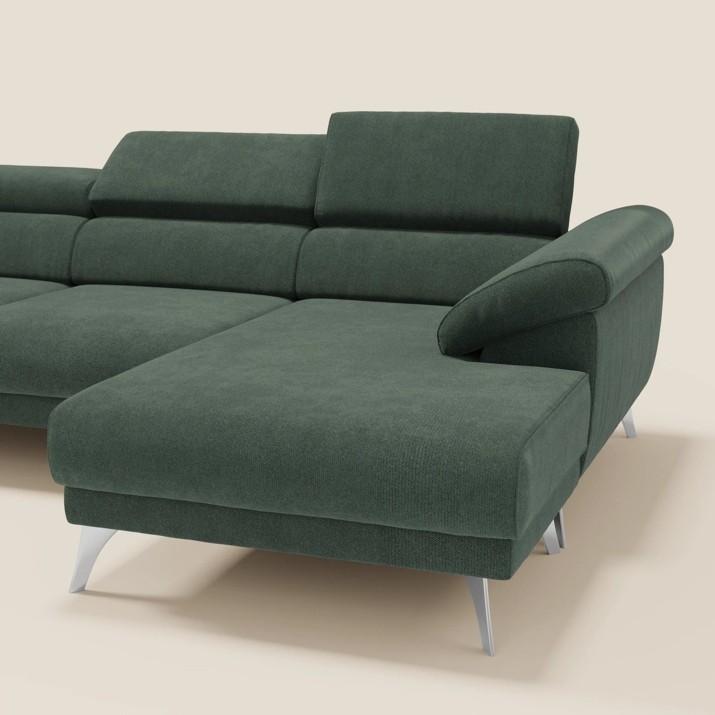Donatello Divano angolare con sedute scorrevoli braccioli contenitore e poggiatesta in tessuto morbido smacchiabile T23 verde