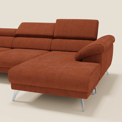 Donatello Divano angolare con sedute scorrevoli braccioli contenitore e poggiatesta in tessuto morbido smacchiabile T23 arancione ruggine
