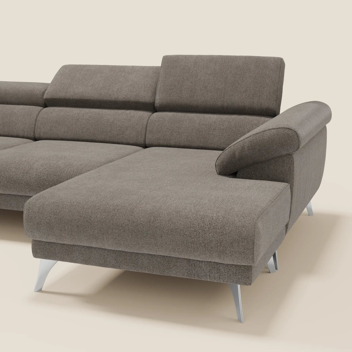 Donatello Divano angolare con sedute scorrevoli braccioli contenitore e poggiatesta in tessuto morbido smacchiabile T23 talpa