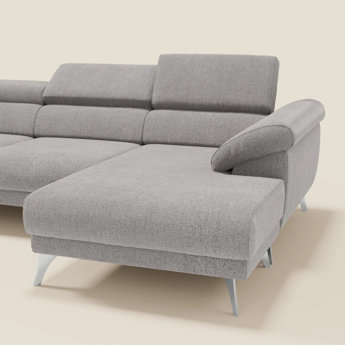 Donatello Divano angolare con sedute scorrevoli braccioli contenitore e poggiatesta in tessuto morbido smacchiabile T23 grigio