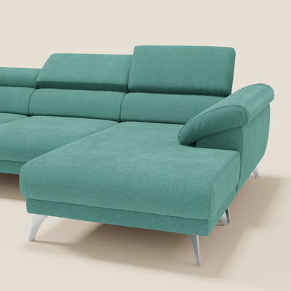 Donatello Divano angolare con sedute scorrevoli braccioli contenitore e poggiatesta in tessuto morbido smacchiabile T23 verde acqua