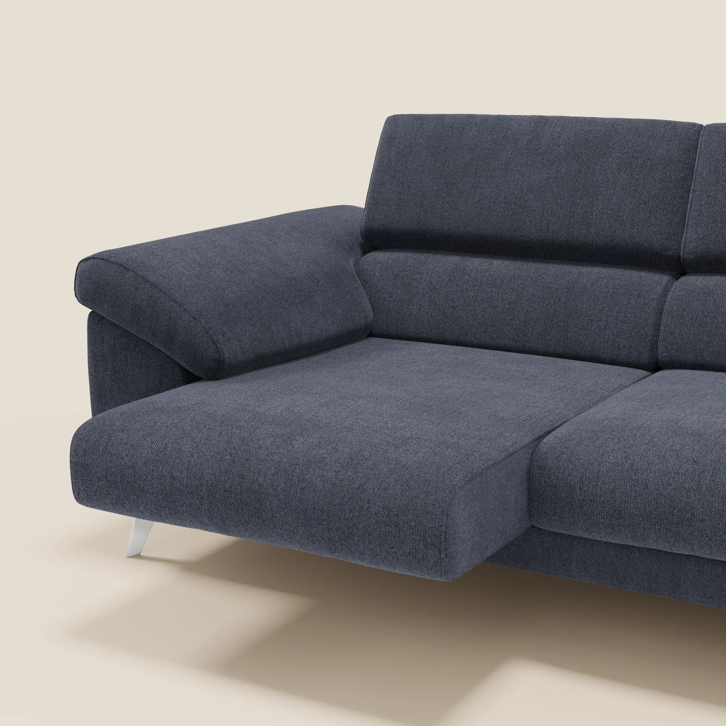 Donatello divano con sedute allungabili braccioli contenitore e poggiatesta reclinabili in tessuto smacchiabile T23 blu ardesia