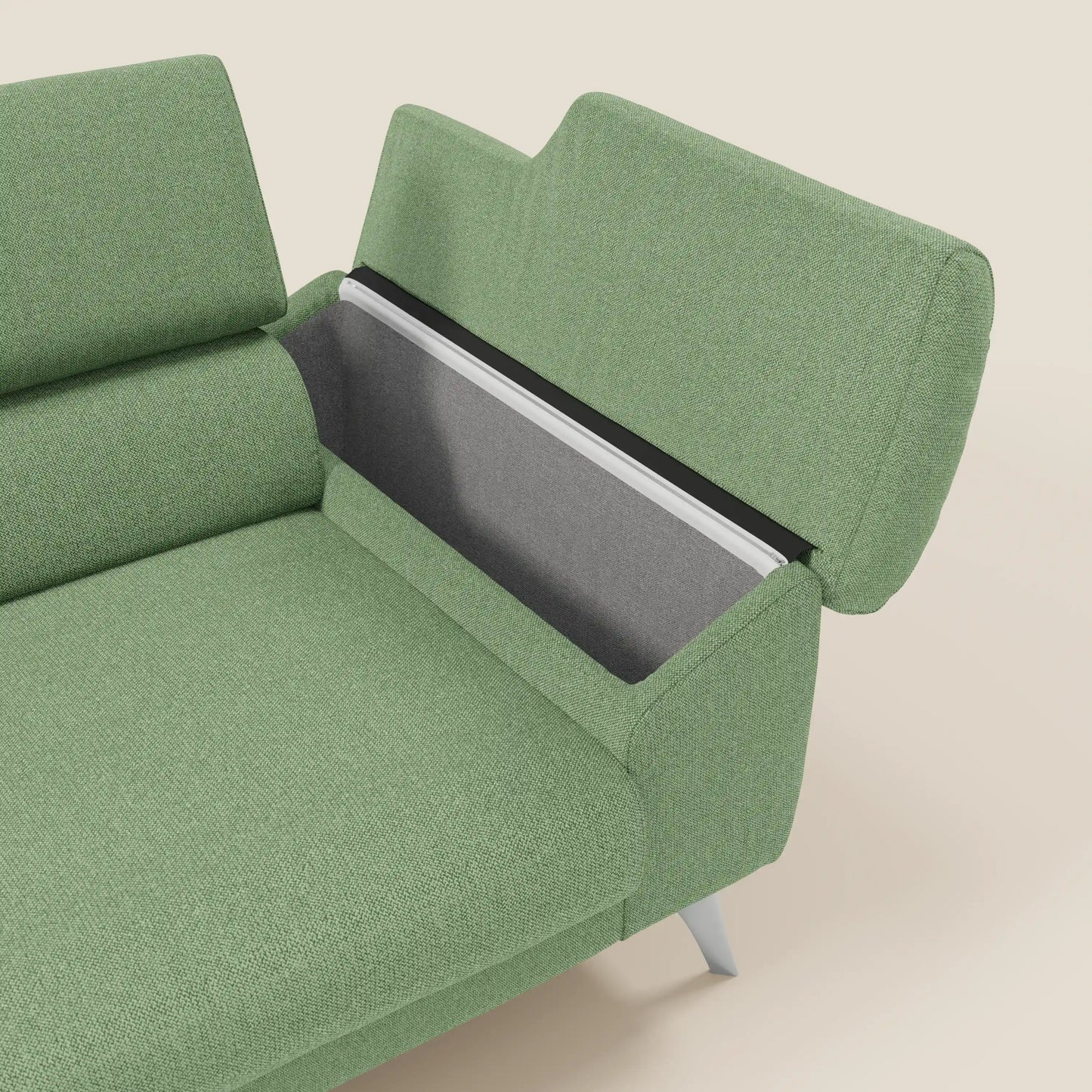 Donatello divano con sedute allungabili braccioli contenitore e poggiatesta reclinabili in tessuto smacchiabile T23 menta
