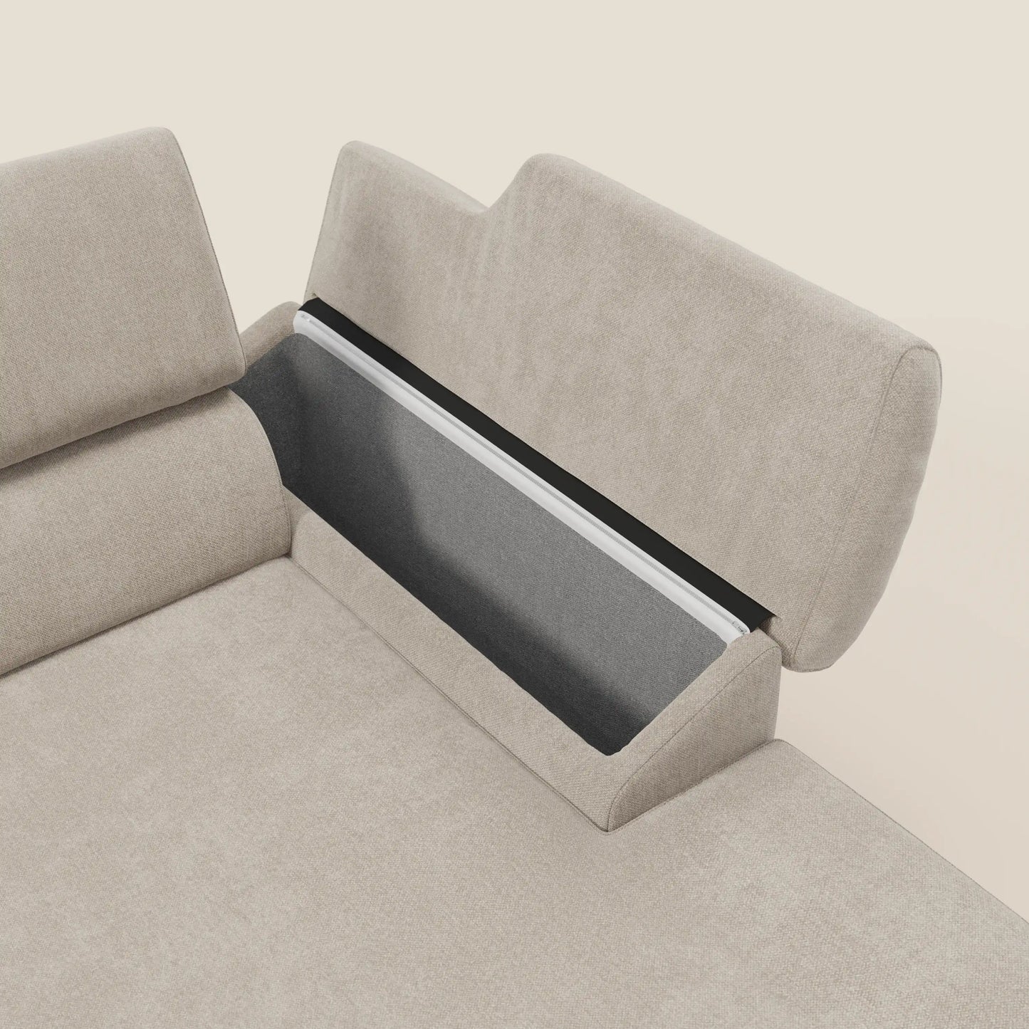 Donatello Divano angolare con sedute scorrevoli braccioli contenitore e poggiatesta in tessuto morbido smacchiabile T23 panna