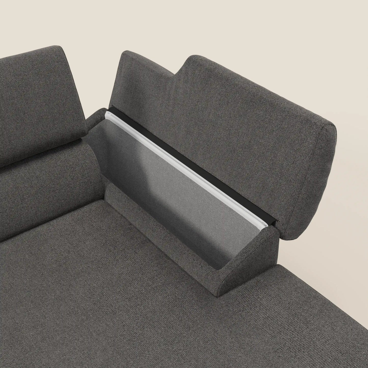 Donatello Divano angolare con sedute scorrevoli braccioli contenitore e poggiatesta in tessuto morbido smacchiabile T23 antracite