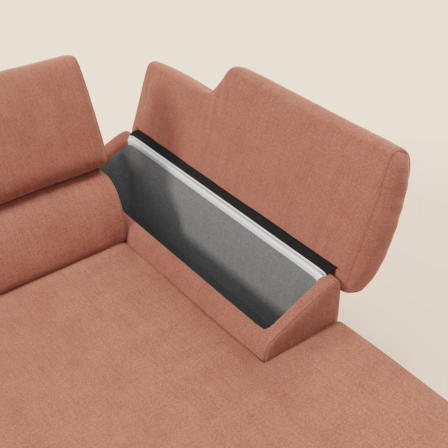 Donatello Divano angolare con sedute scorrevoli braccioli contenitore e poggiatesta in tessuto morbido smacchiabile T23 pesca