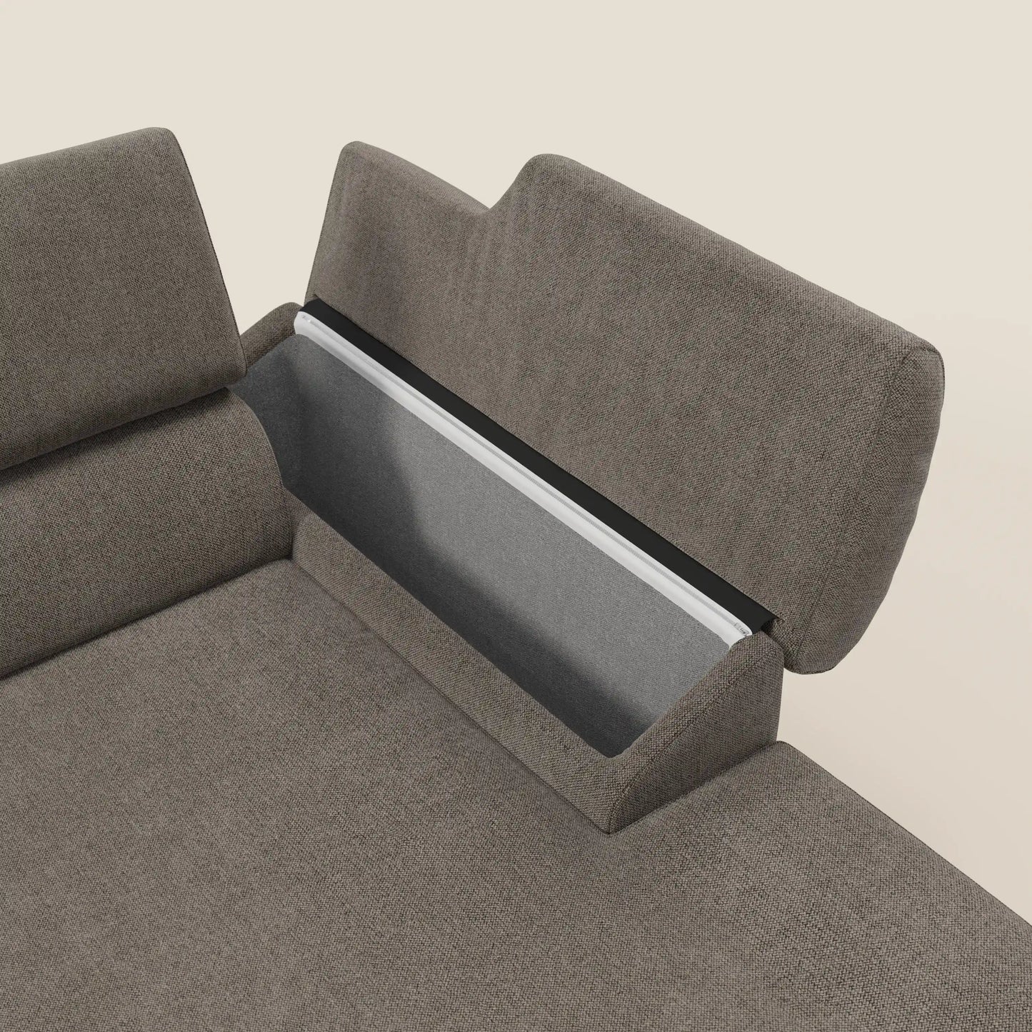 Donatello Divano angolare con sedute scorrevoli braccioli contenitore e poggiatesta in tessuto morbido smacchiabile T23 talpa