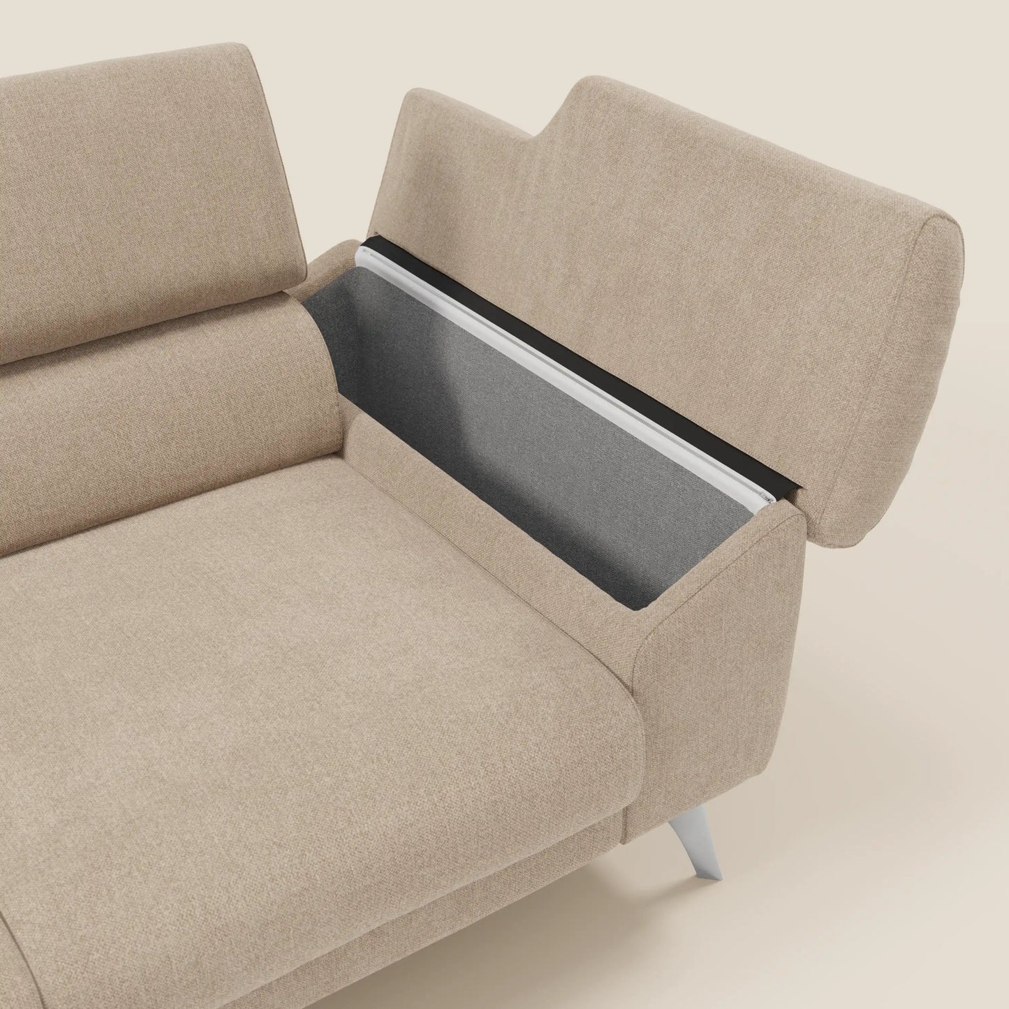 Donatello divano con 3 sedute allungabili braccioli contenitore e poggiatesta reclinabili in tessuto smacchiabile T23 beige