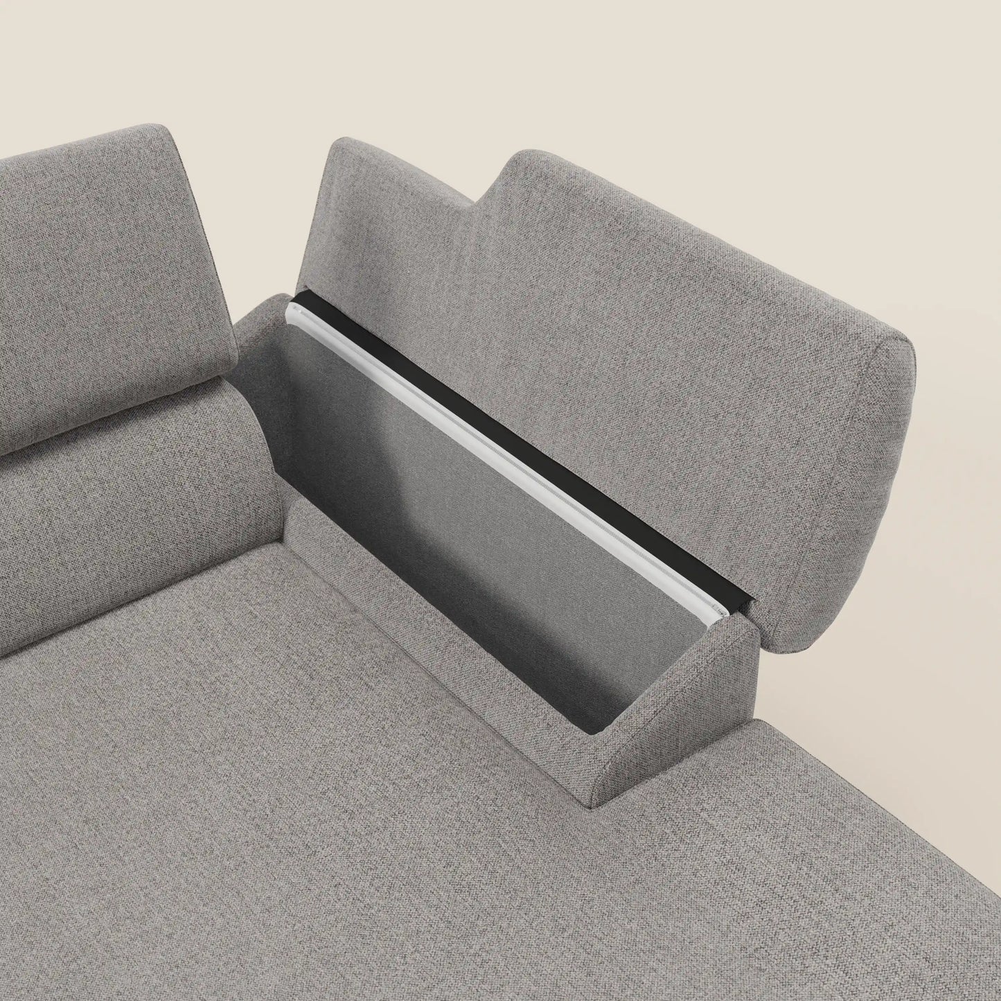 Donatello Divano angolare con sedute scorrevoli braccioli contenitore e poggiatesta in tessuto morbido smacchiabile T23 grigio