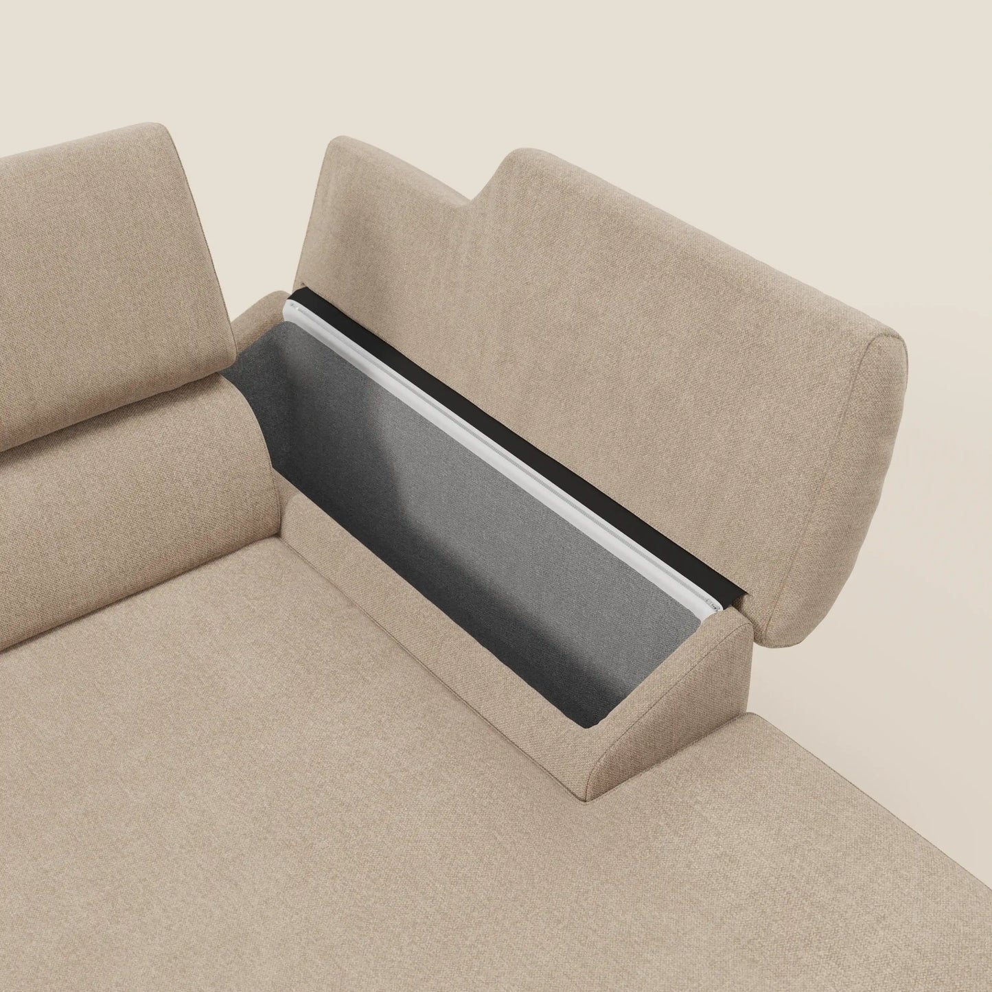 Donatello Divano angolare con sedute scorrevoli braccioli contenitore e poggiatesta in tessuto morbido smacchiabile T23 beige
