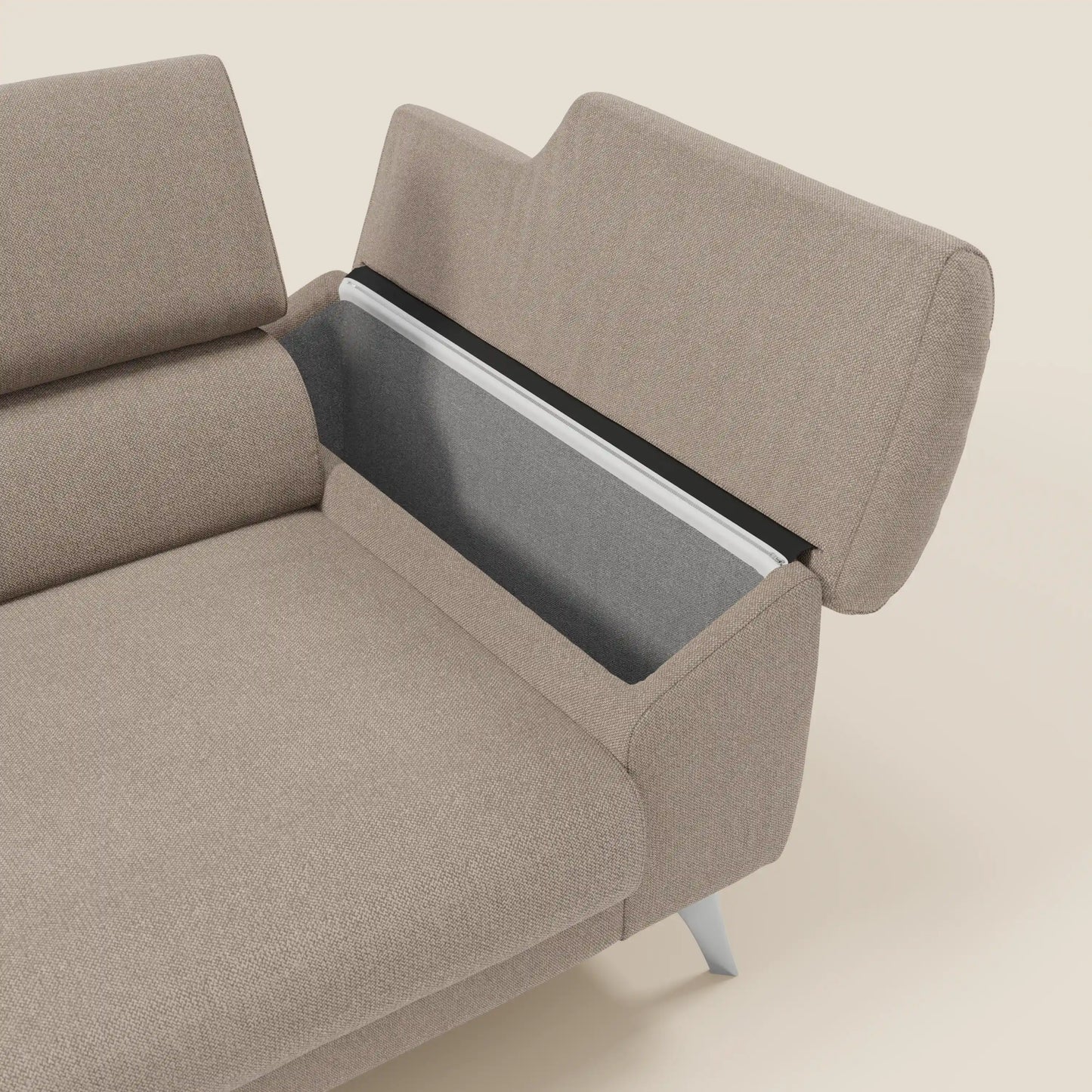 Donatello divano con sedute allungabili braccioli contenitore e poggiatesta reclinabili in tessuto smacchiabile T23 tortora