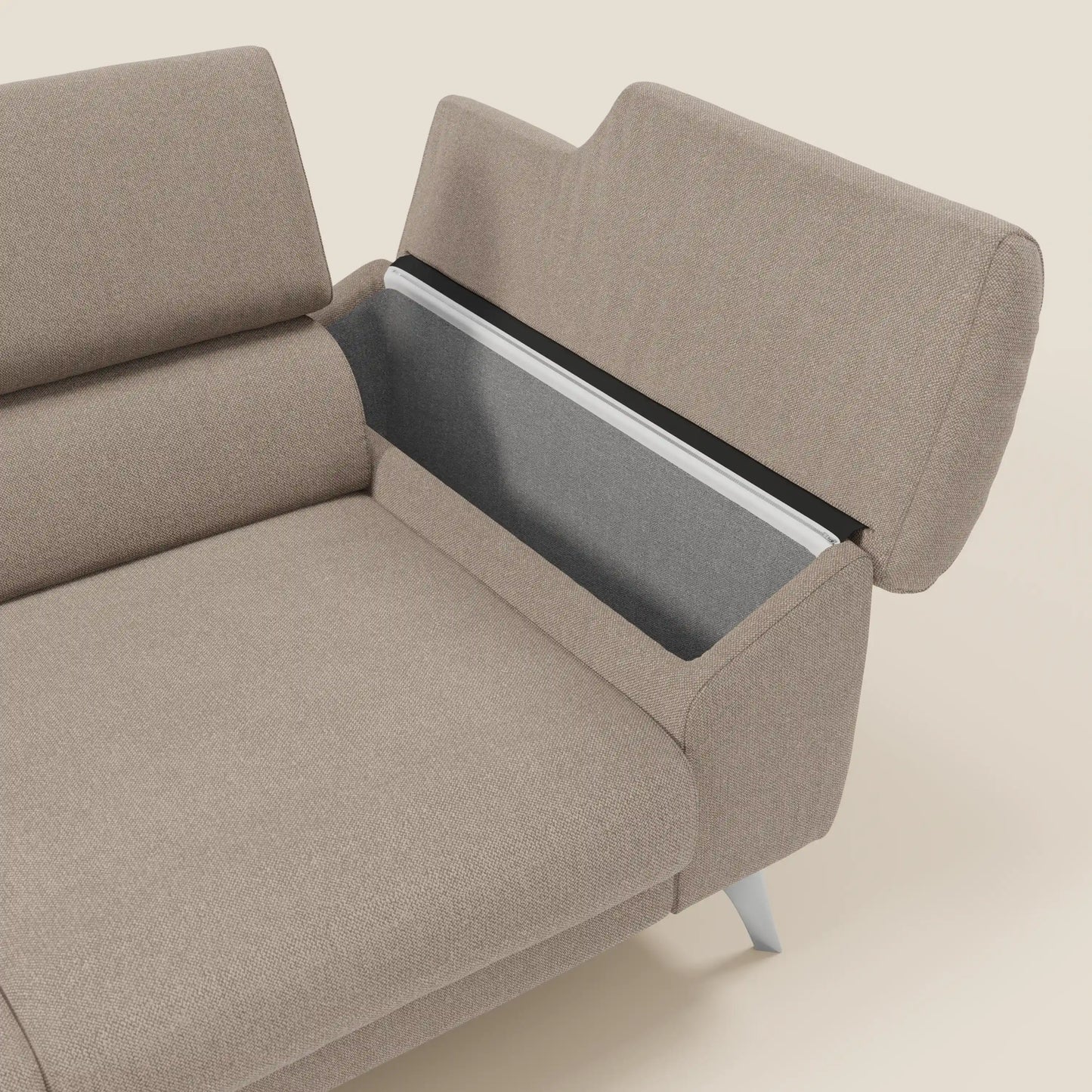 Donatello divano con 3 sedute allungabili braccioli contenitore e poggiatesta reclinabili in tessuto smacchiabile T23 tortora