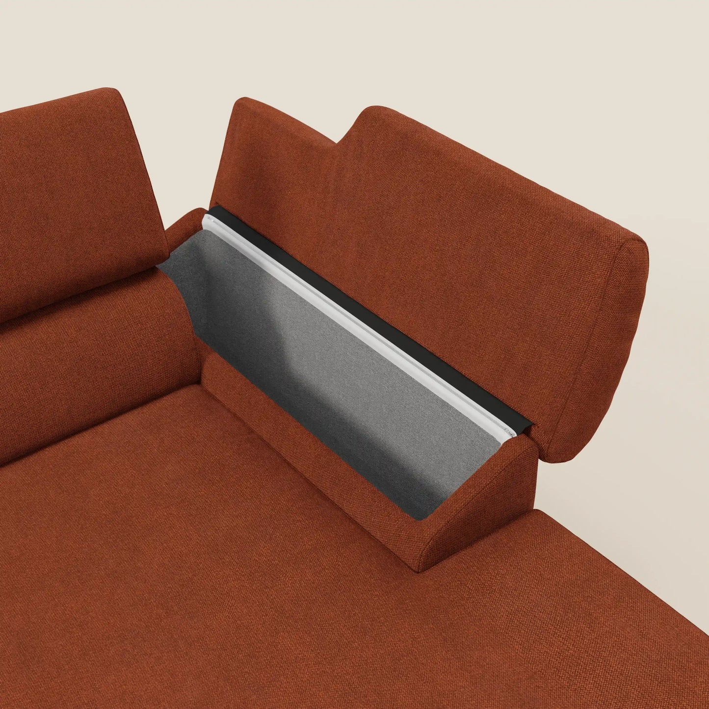 Donatello Divano angolare con sedute scorrevoli braccioli contenitore e poggiatesta in tessuto morbido smacchiabile T23 arancione ruggine