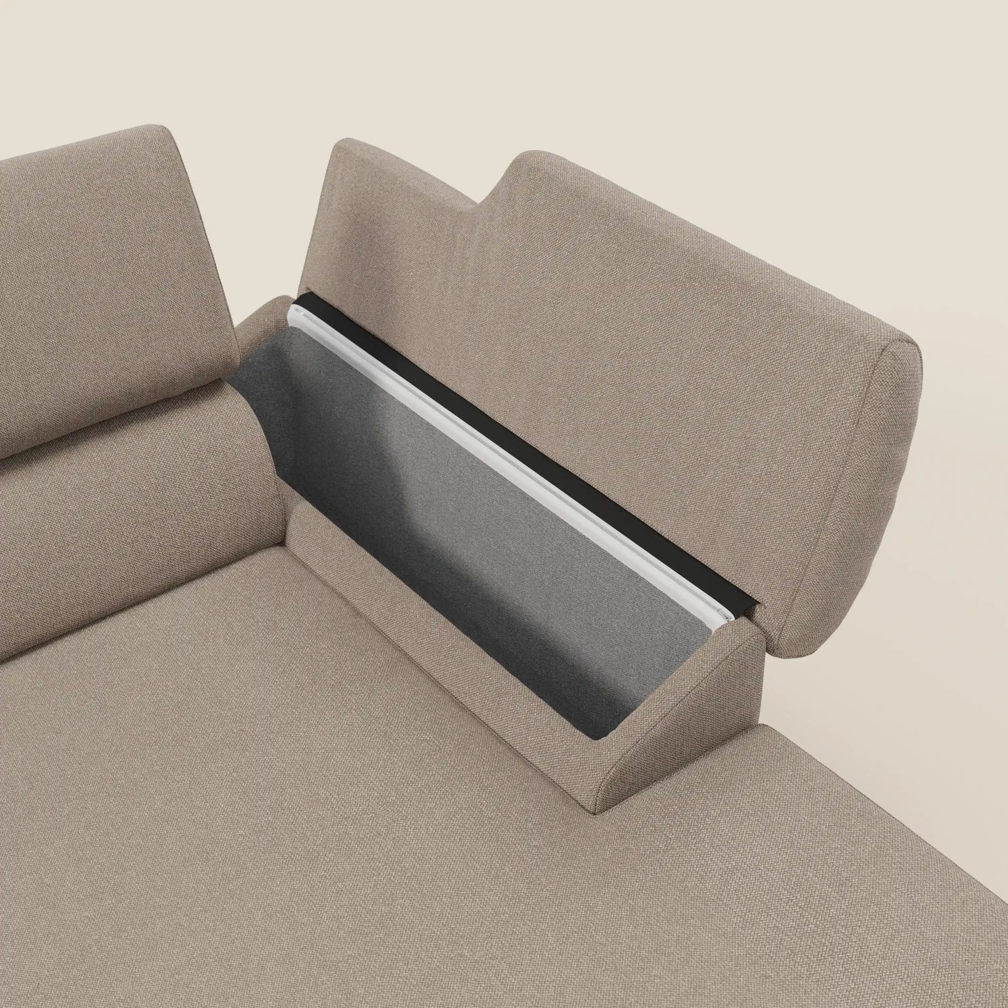 Donatello Divano angolare con sedute scorrevoli braccioli contenitore e poggiatesta in tessuto morbido smacchiabile T23 tortora