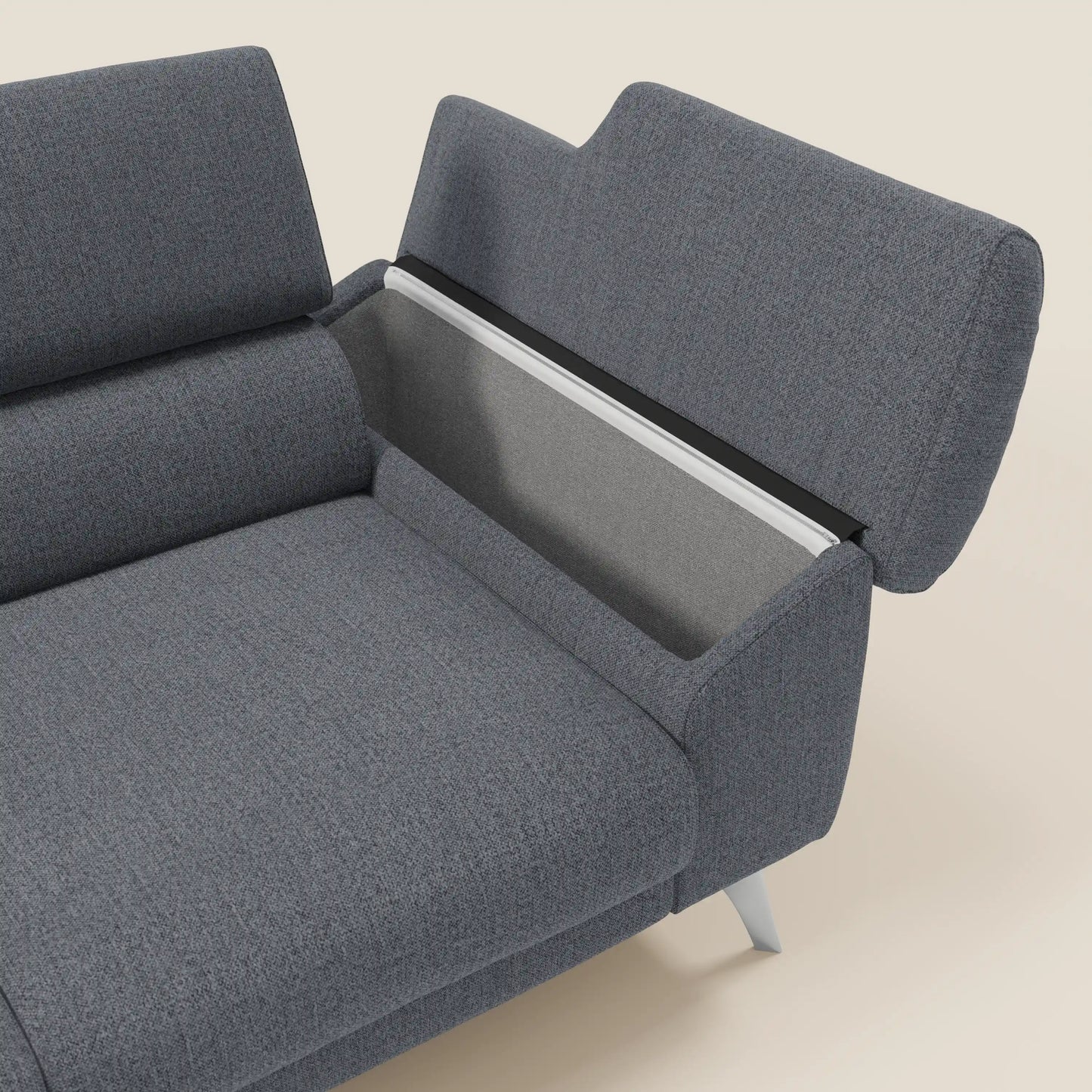 Donatello divano con 3 sedute allungabili braccioli contenitore e poggiatesta reclinabili in tessuto smacchiabile T23 blu grafite