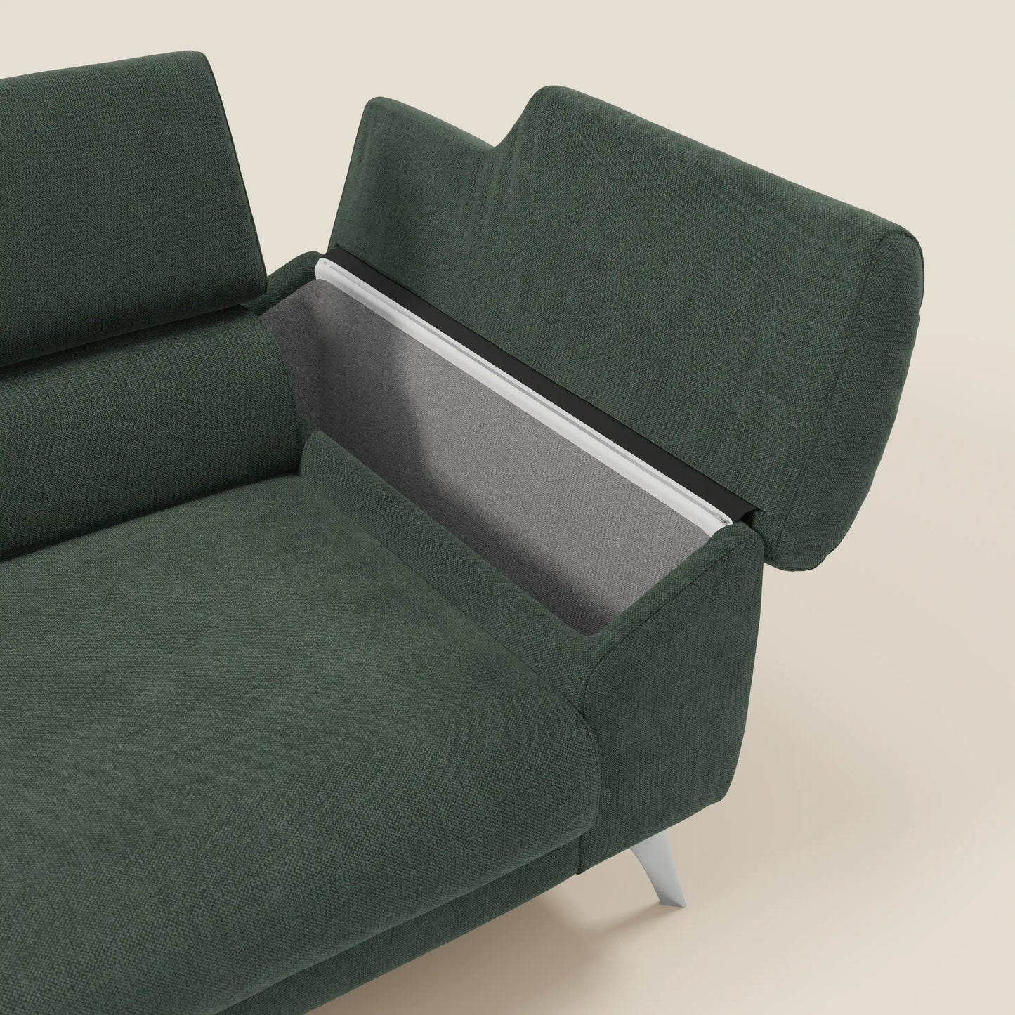 Donatello divano con sedute allungabili braccioli contenitore e poggiatesta reclinabili in tessuto smacchiabile T23 verde