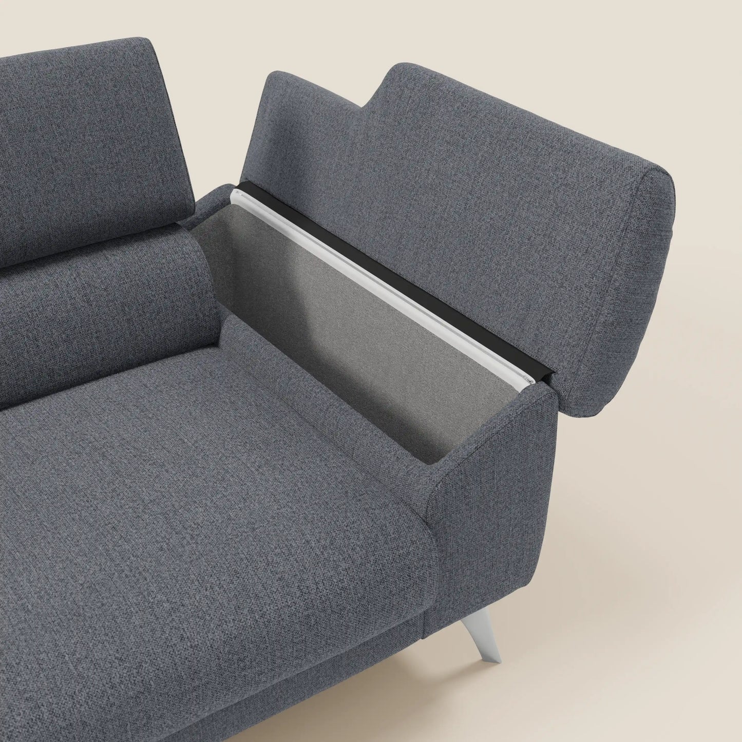 Donatello divano con sedute allungabili braccioli contenitore e poggiatesta reclinabili in tessuto smacchiabile T23 blu grafite