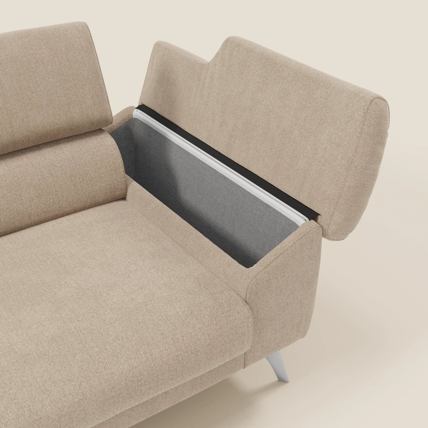 Donatello divano con sedute allungabili braccioli contenitore e poggiatesta reclinabili in tessuto smacchiabile T23 beige