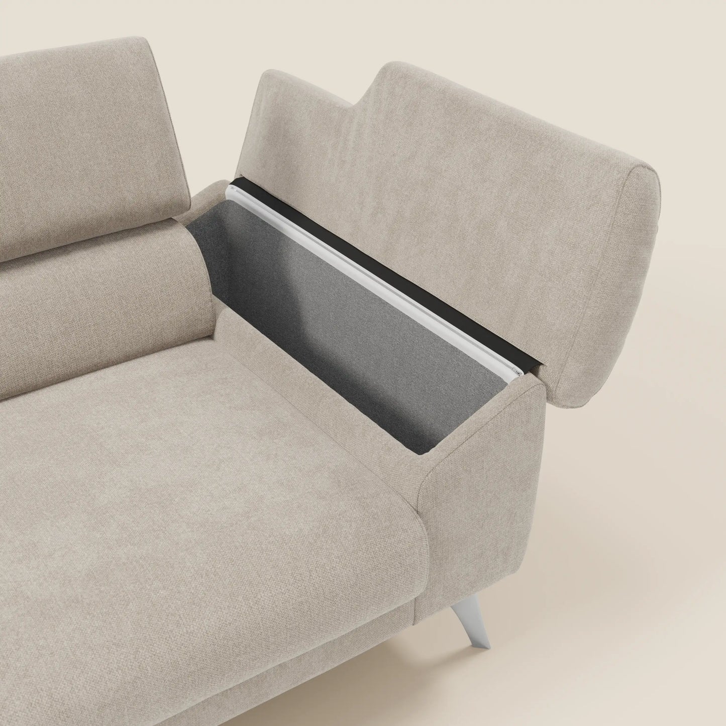 Donatello divano con sedute allungabili braccioli contenitore e poggiatesta reclinabili in tessuto smacchiabile T23 panna