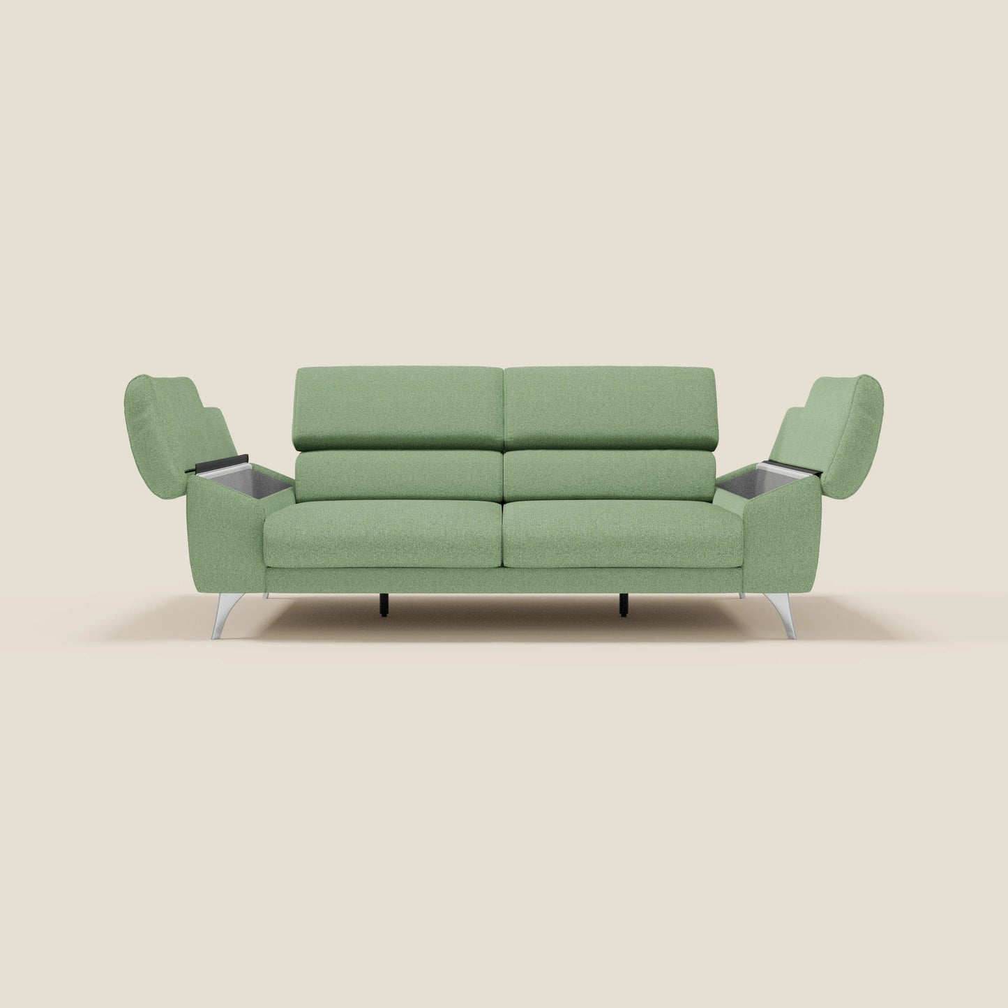 Donatello divano con sedute allungabili braccioli contenitore e poggiatesta reclinabili in tessuto smacchiabile T23 menta