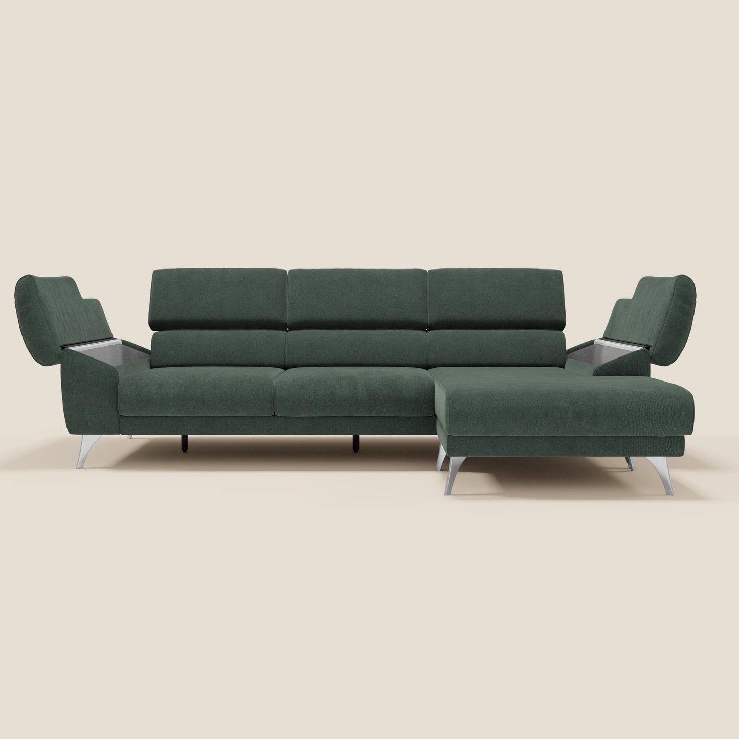 Donatello Divano angolare con sedute scorrevoli braccioli contenitore e poggiatesta in tessuto morbido smacchiabile T23 verde