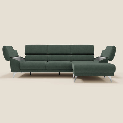 Donatello Divano angolare con sedute scorrevoli braccioli contenitore e poggiatesta in tessuto morbido smacchiabile T23 verde