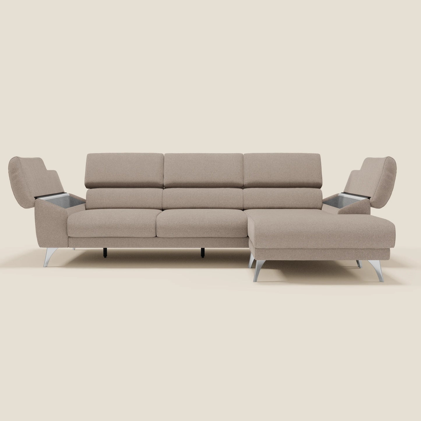 Donatello Divano angolare con sedute scorrevoli braccioli contenitore e poggiatesta in tessuto morbido smacchiabile T23 tortora