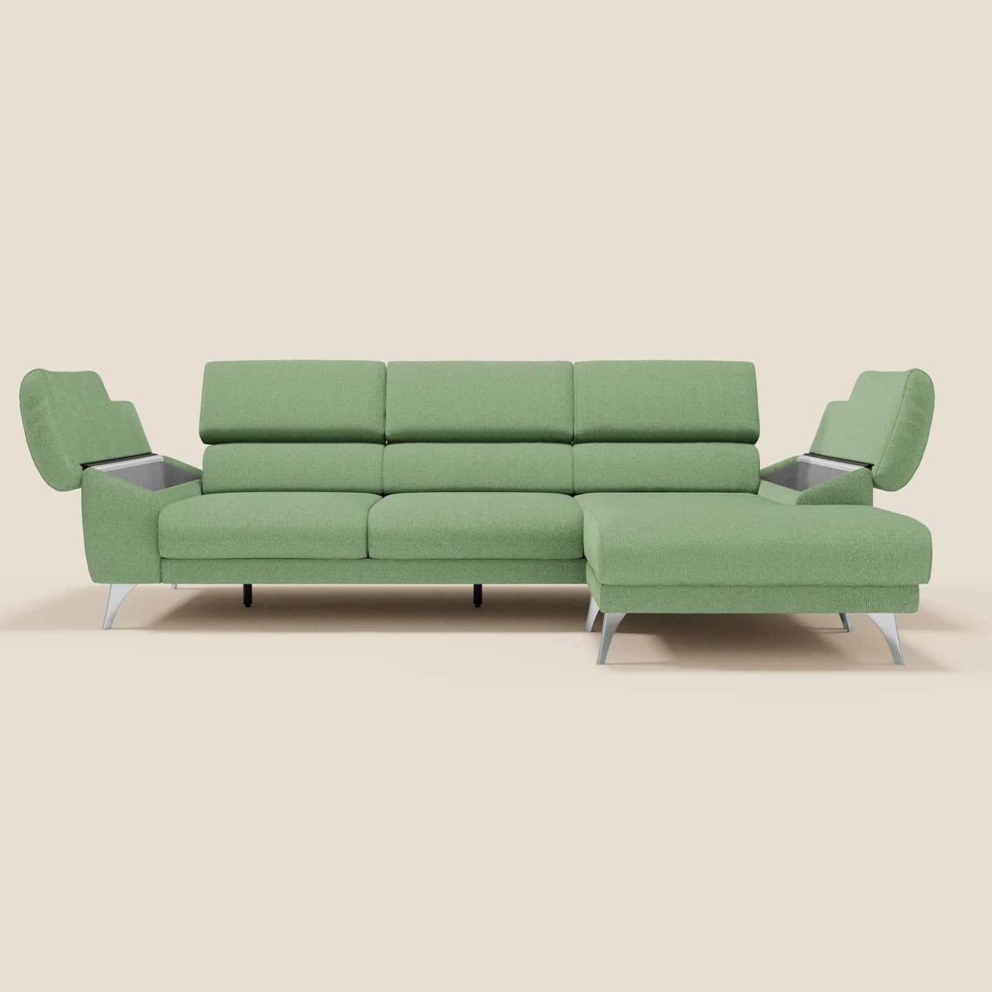 Donatello Divano angolare con sedute scorrevoli braccioli contenitore e poggiatesta in tessuto morbido smacchiabile T23 menta