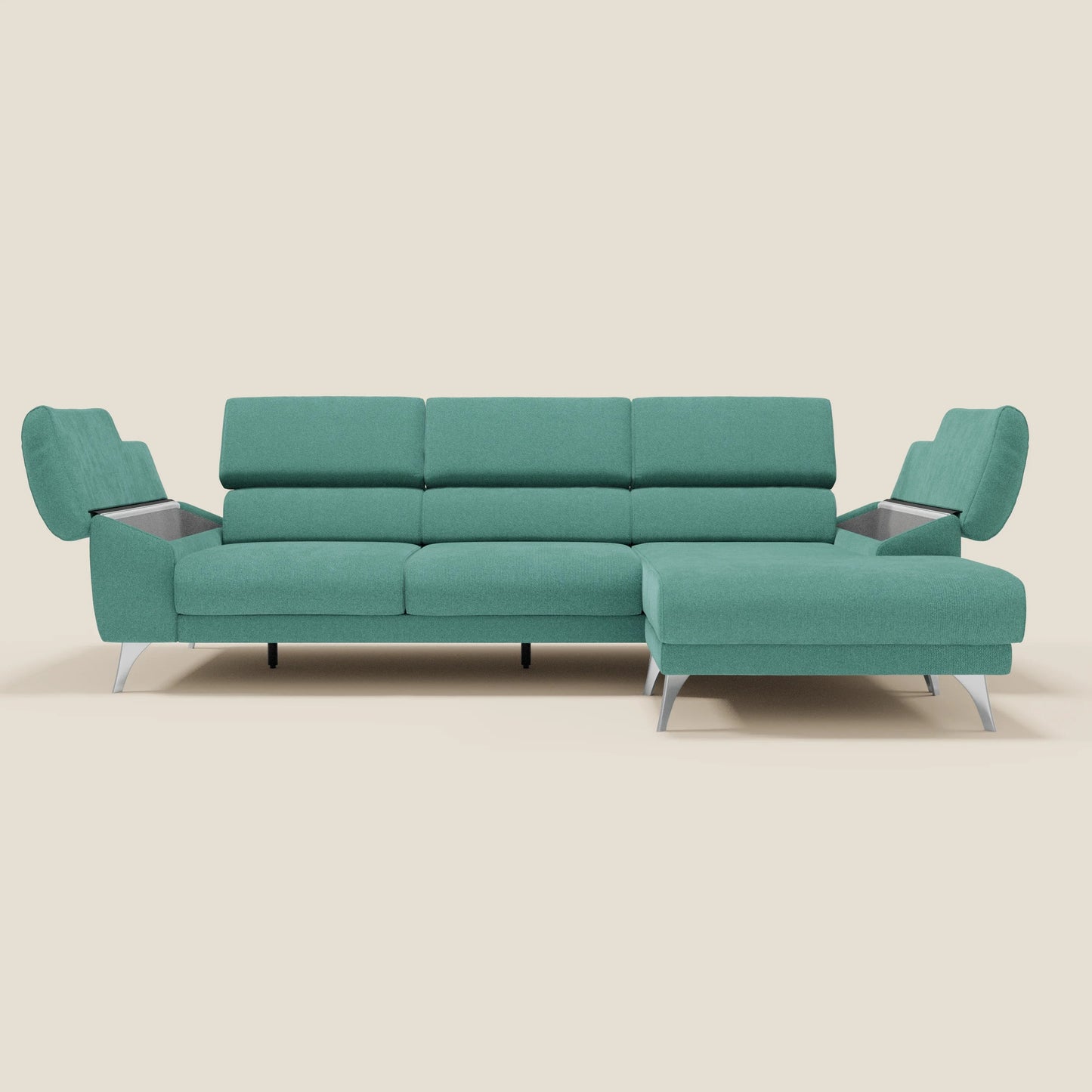 Donatello Divano angolare con sedute scorrevoli braccioli contenitore e poggiatesta in tessuto morbido smacchiabile T23 verde acqua