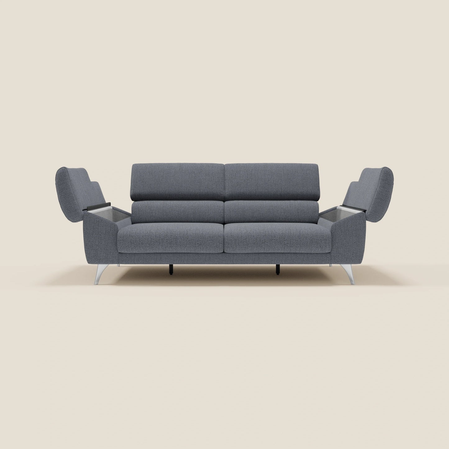 Donatello divano con sedute allungabili braccioli contenitore e poggiatesta reclinabili in tessuto smacchiabile T23 blu grafite