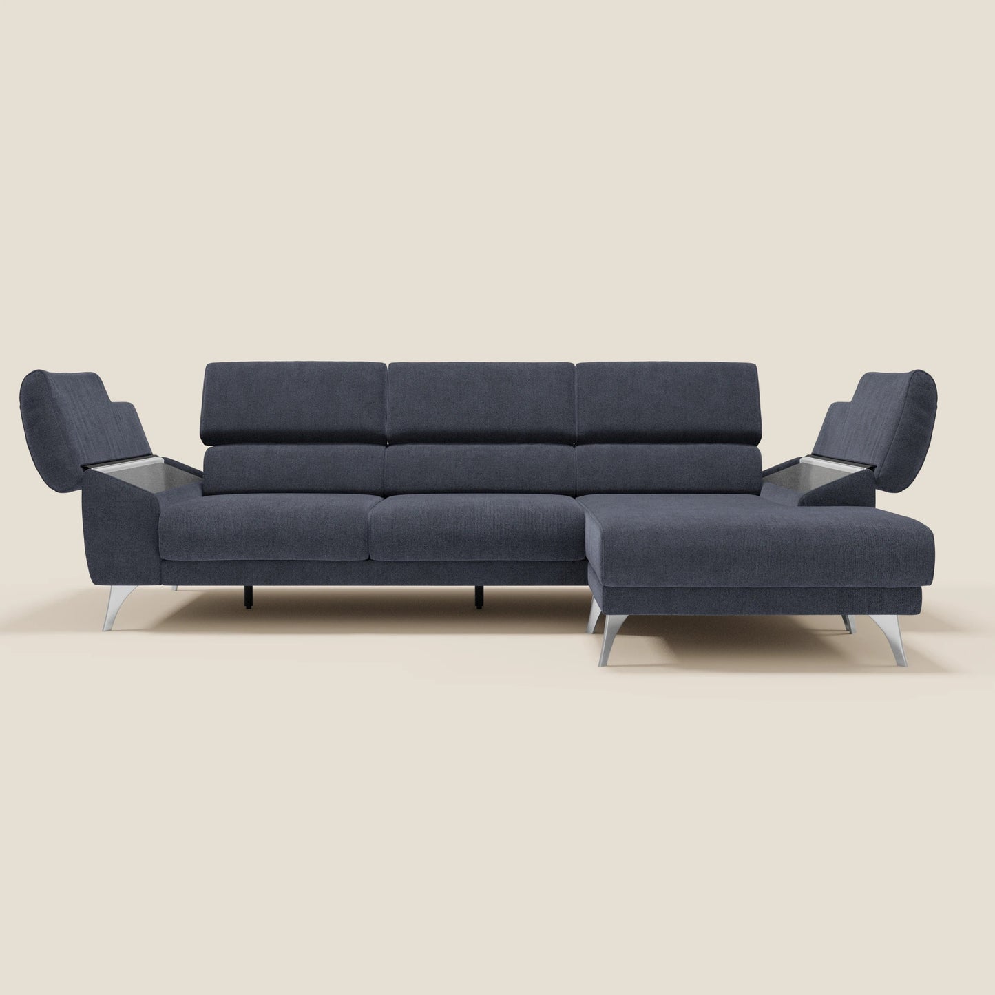 Donatello Divano angolare con sedute scorrevoli braccioli contenitore e poggiatesta in tessuto morbido smacchiabile T23 blu ardesia