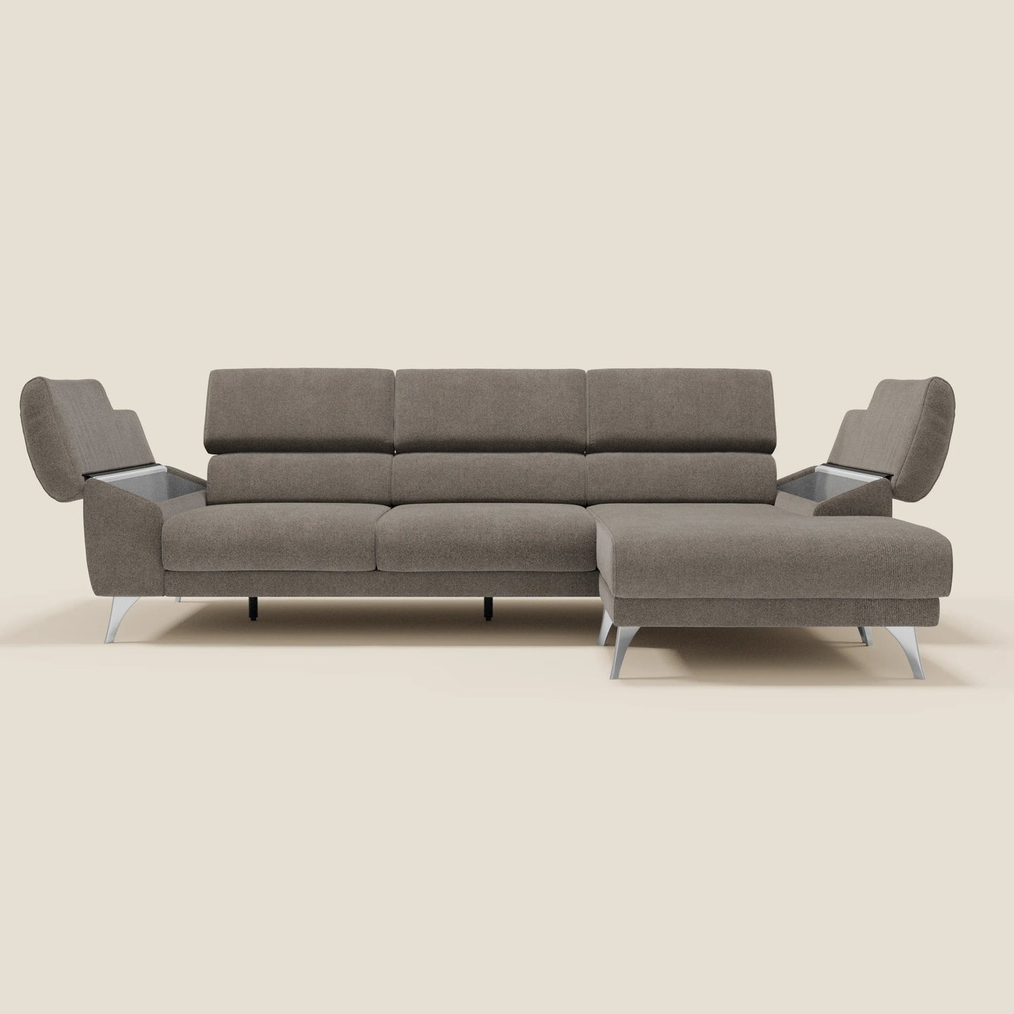 Donatello Divano angolare con sedute scorrevoli braccioli contenitore e poggiatesta in tessuto morbido smacchiabile T23 talpa