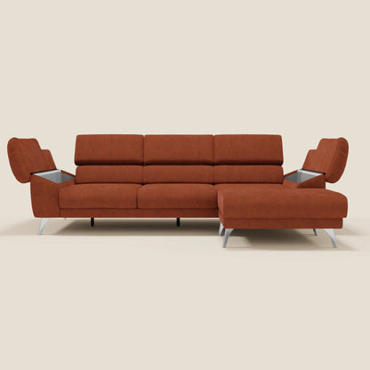 Donatello Divano angolare con sedute scorrevoli braccioli contenitore e poggiatesta in tessuto morbido smacchiabile T23 arancione ruggine