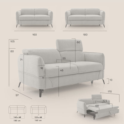 Bloom Divano 180 cm con pouf estraibile piedini alti e poggiatesta reclinabili in tessuto bouclé impermeabile T07 GRIGIO