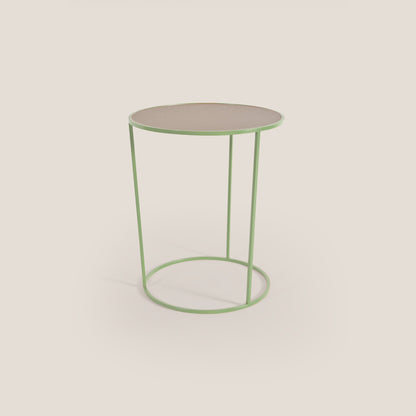 Costance tavolino rotondo da salotto con piano in pelle fiore melaminico oliva