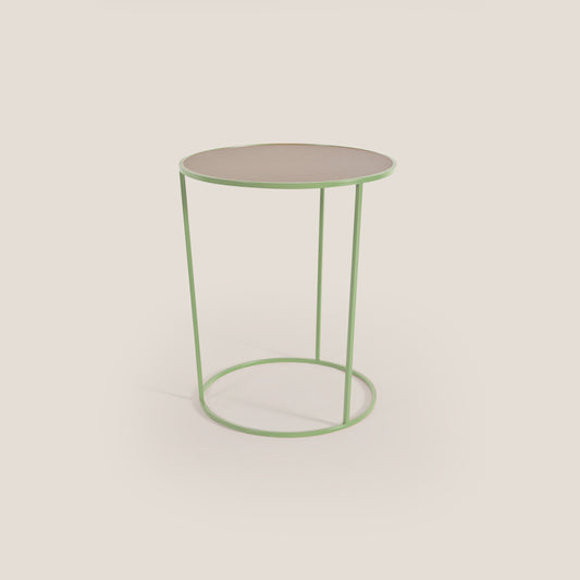 Costance tavolino rotondo da salotto con piano in pelle fiore melaminico oliva