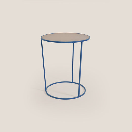 Costance tavolino rotondo da salotto con piano in pelle fiore melaminico petrolio